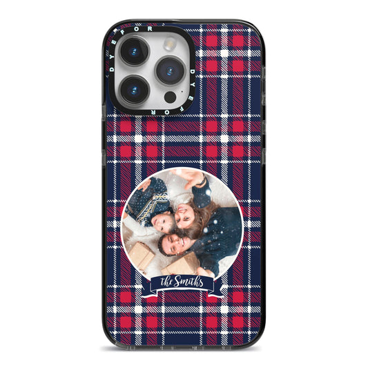 Tartan Christmas Photo Personalised iPhone 14 Pro Max Black Impact Case on Silver phone