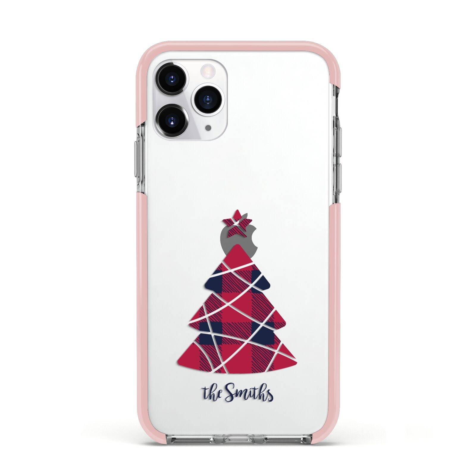 Tartan Christmas Tree Personalised Apple iPhone 11 Pro in Silver with Pink Impact Case