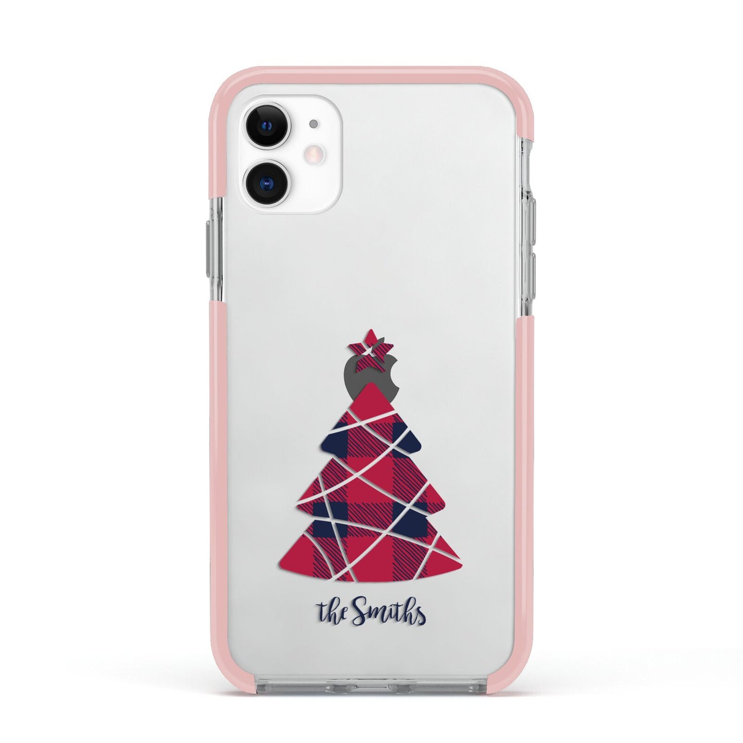 Tartan Christmas Tree Personalised Apple iPhone 11 in White with Pink Impact Case