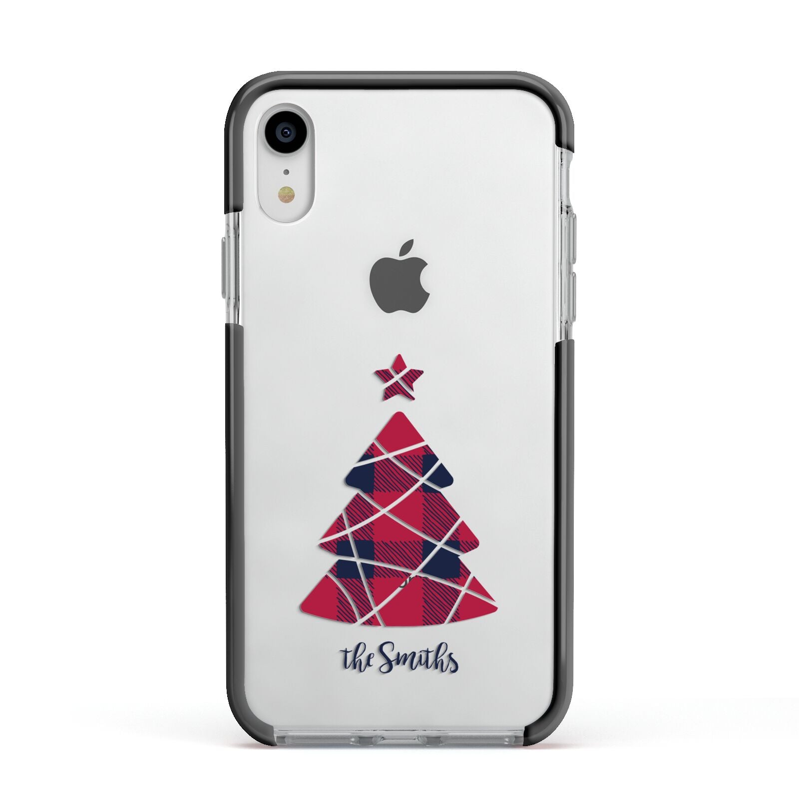 Tartan Christmas Tree Personalised Apple iPhone XR Impact Case Black Edge on Silver Phone