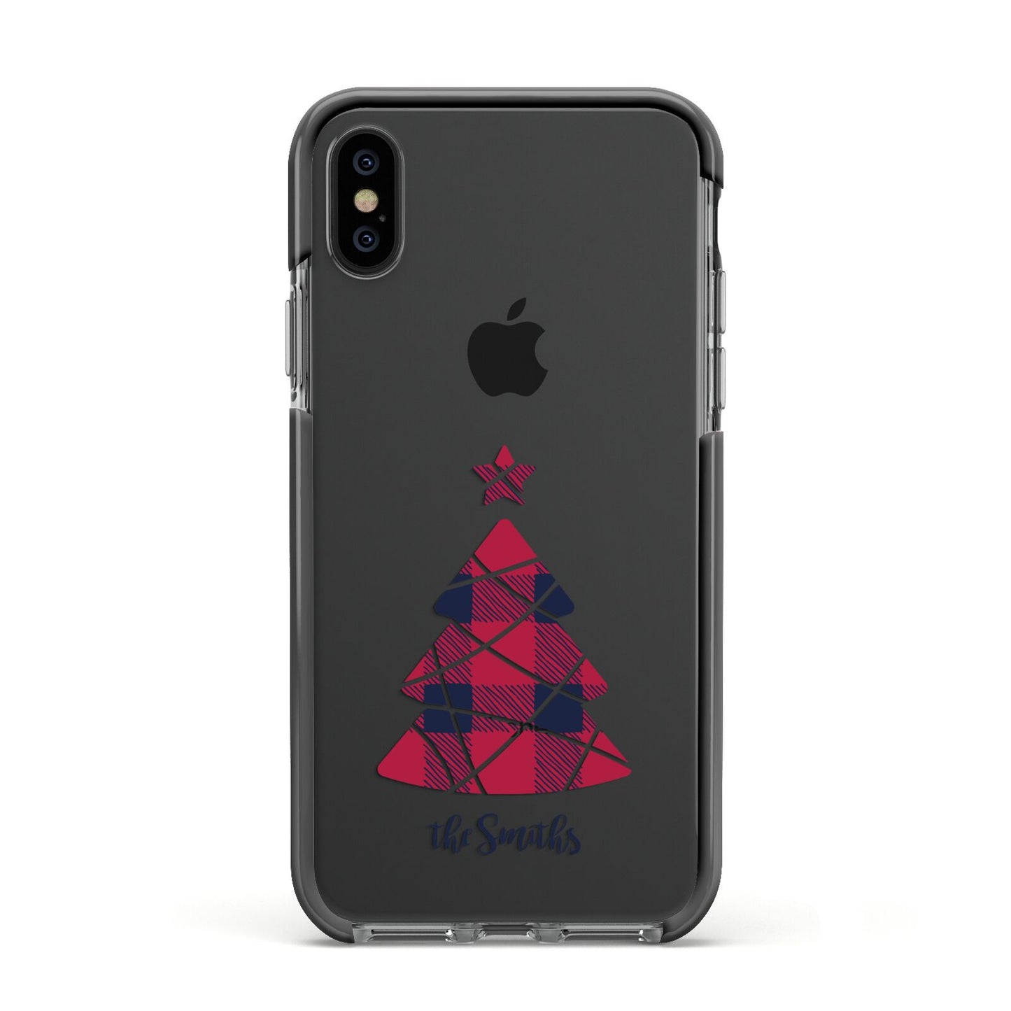 Tartan Christmas Tree Personalised Apple iPhone Xs Impact Case Black Edge on Black Phone
