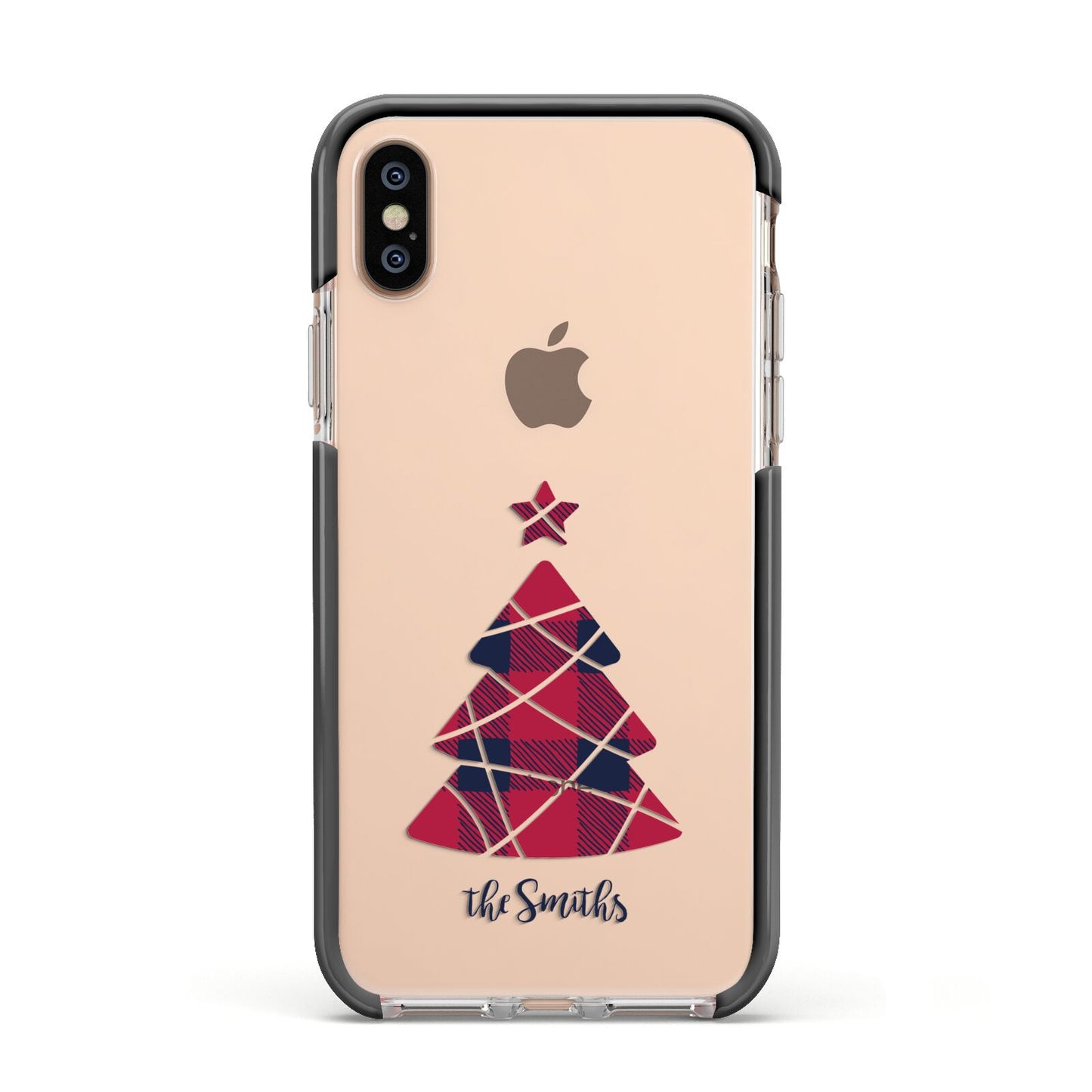 Tartan Christmas Tree Personalised Apple iPhone Xs Impact Case Black Edge on Gold Phone