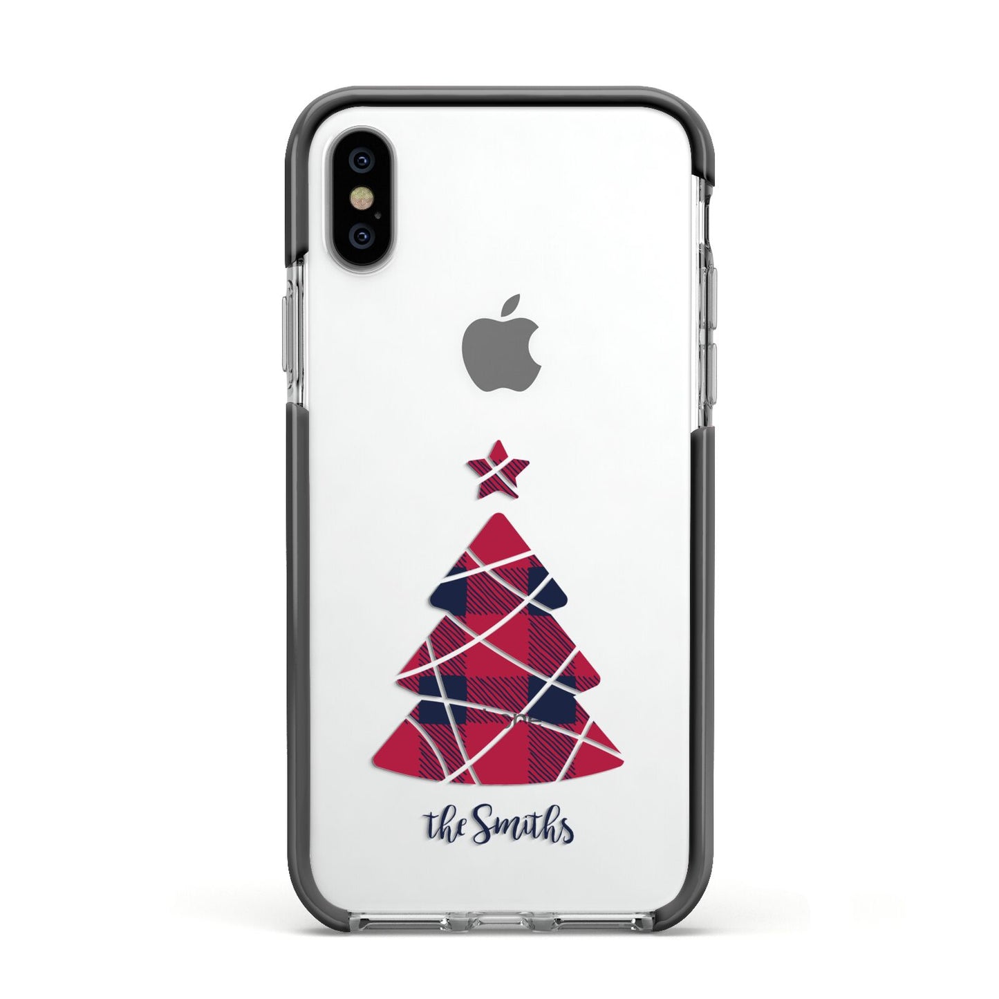 Tartan Christmas Tree Personalised Apple iPhone Xs Impact Case Black Edge on Silver Phone