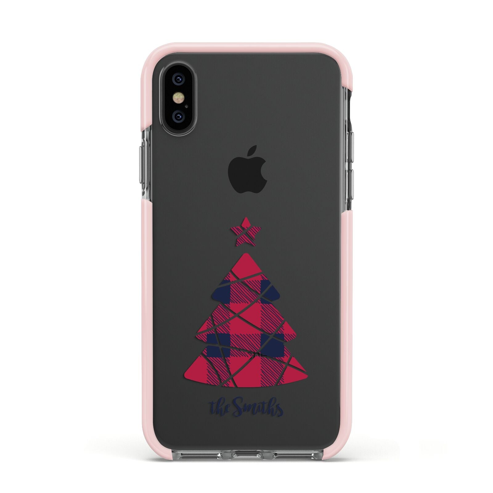 Tartan Christmas Tree Personalised Apple iPhone Xs Impact Case Pink Edge on Black Phone