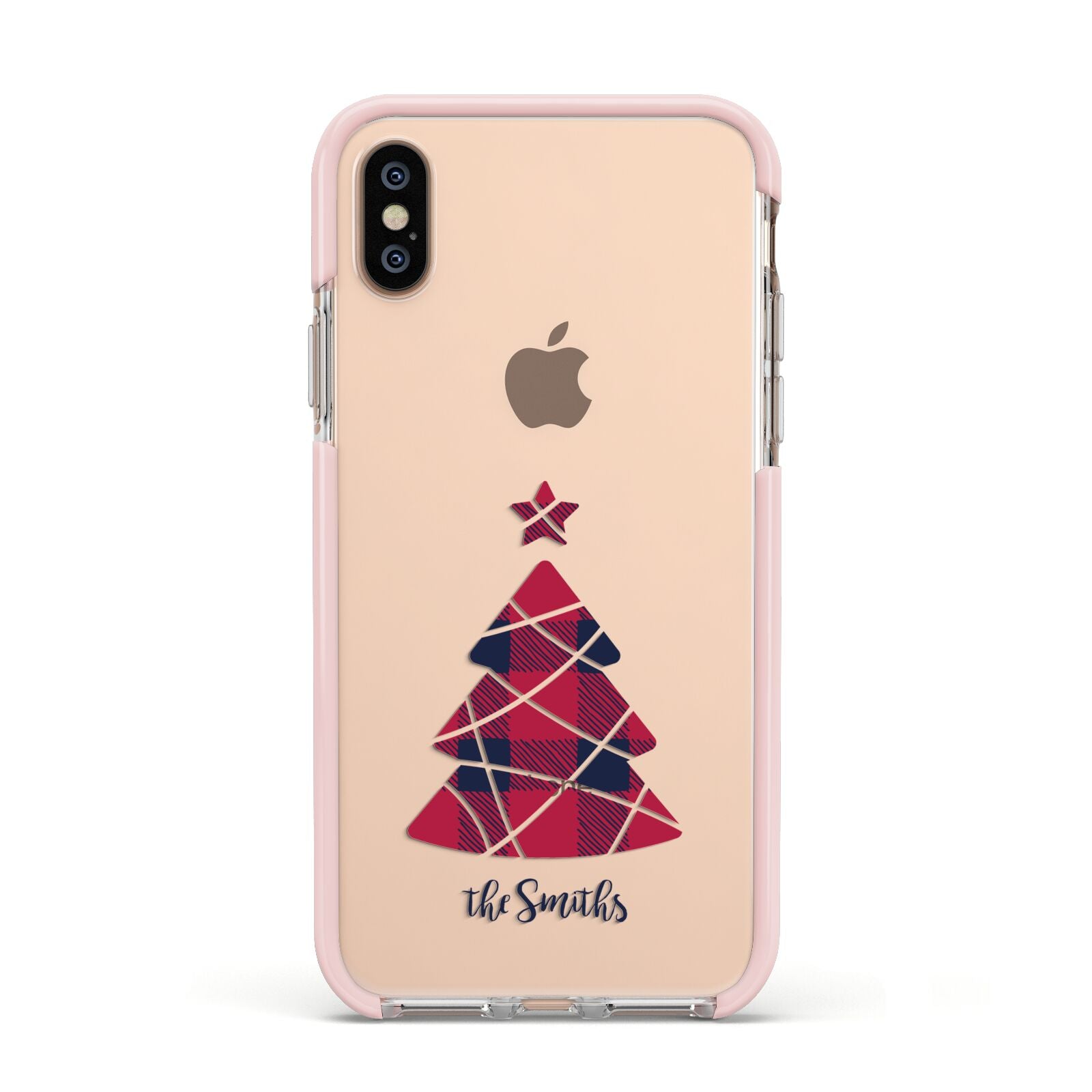 Tartan Christmas Tree Personalised Apple iPhone Xs Impact Case Pink Edge on Gold Phone