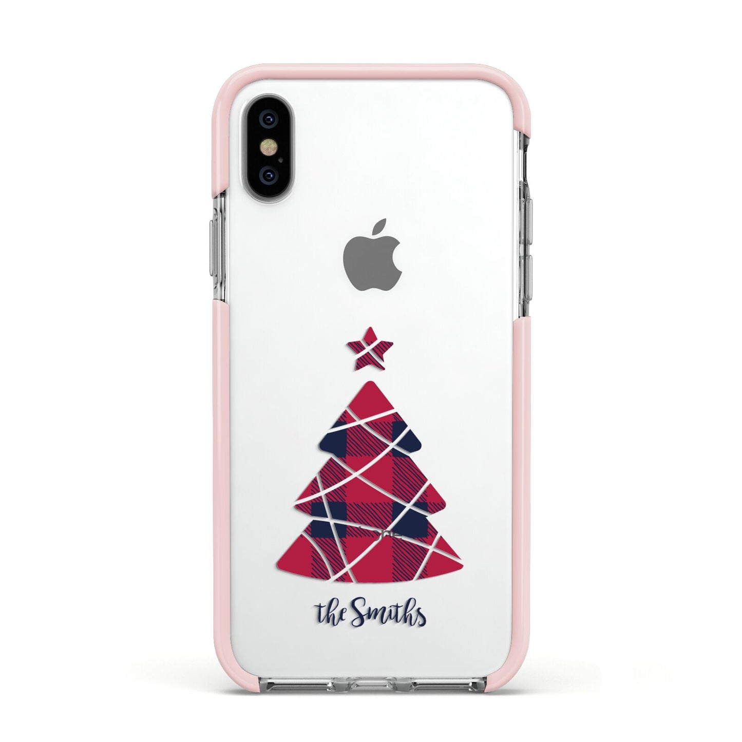 Tartan Christmas Tree Personalised Apple iPhone Xs Impact Case Pink Edge on Silver Phone
