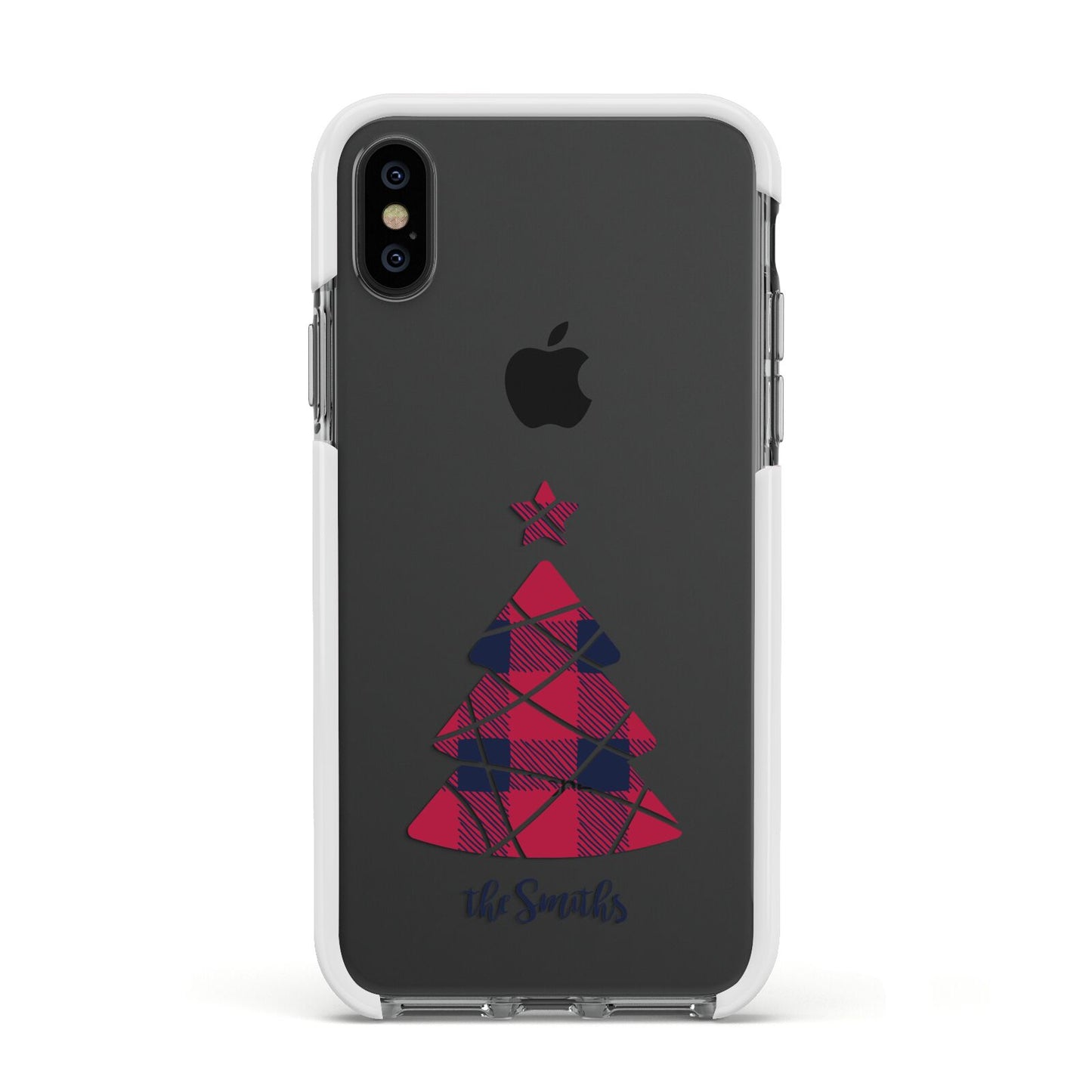 Tartan Christmas Tree Personalised Apple iPhone Xs Impact Case White Edge on Black Phone