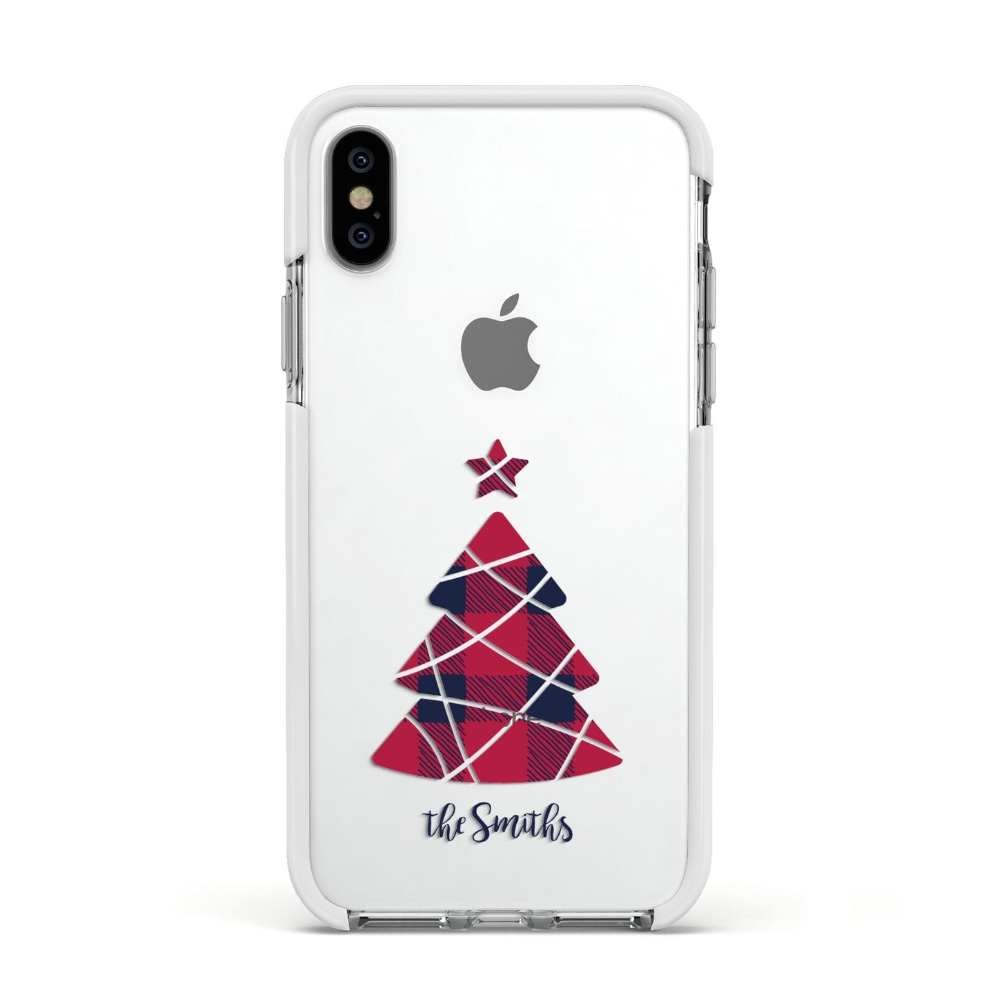 Tartan Christmas Tree Personalised Apple iPhone Xs Impact Case White Edge on Silver Phone