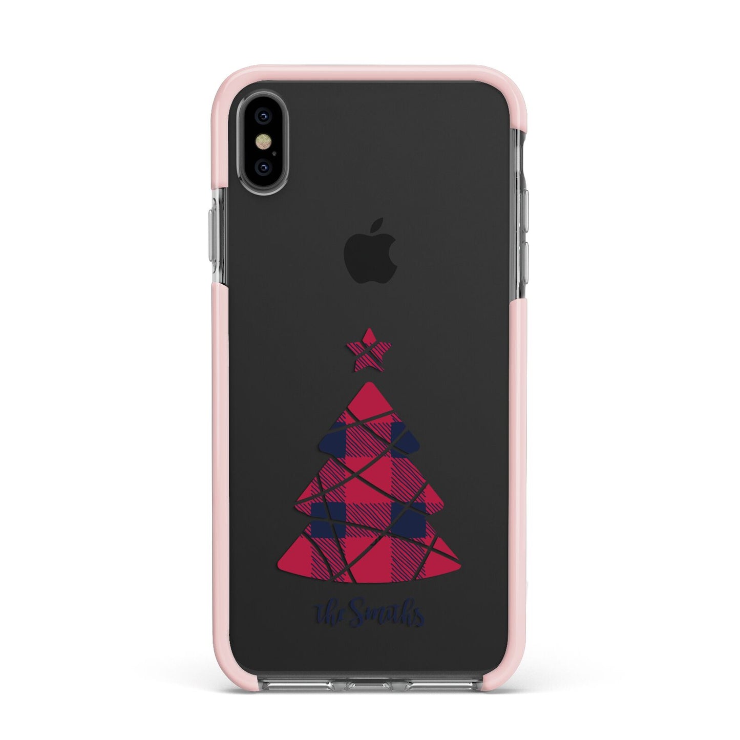 Tartan Christmas Tree Personalised Apple iPhone Xs Max Impact Case Pink Edge on Black Phone