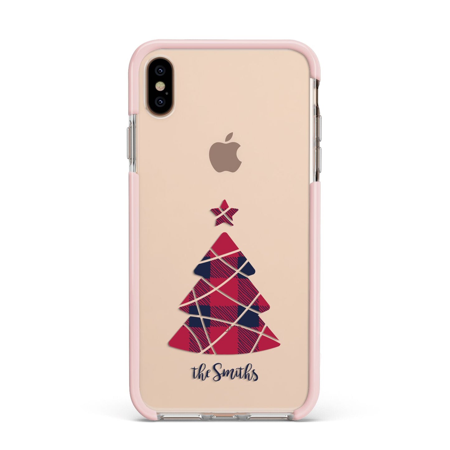 Tartan Christmas Tree Personalised Apple iPhone Xs Max Impact Case Pink Edge on Gold Phone