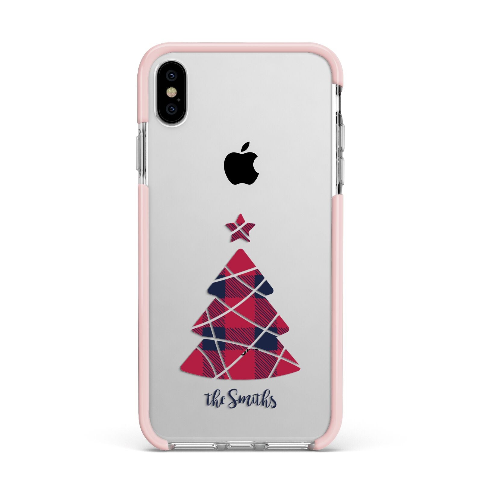 Tartan Christmas Tree Personalised Apple iPhone Xs Max Impact Case Pink Edge on Silver Phone