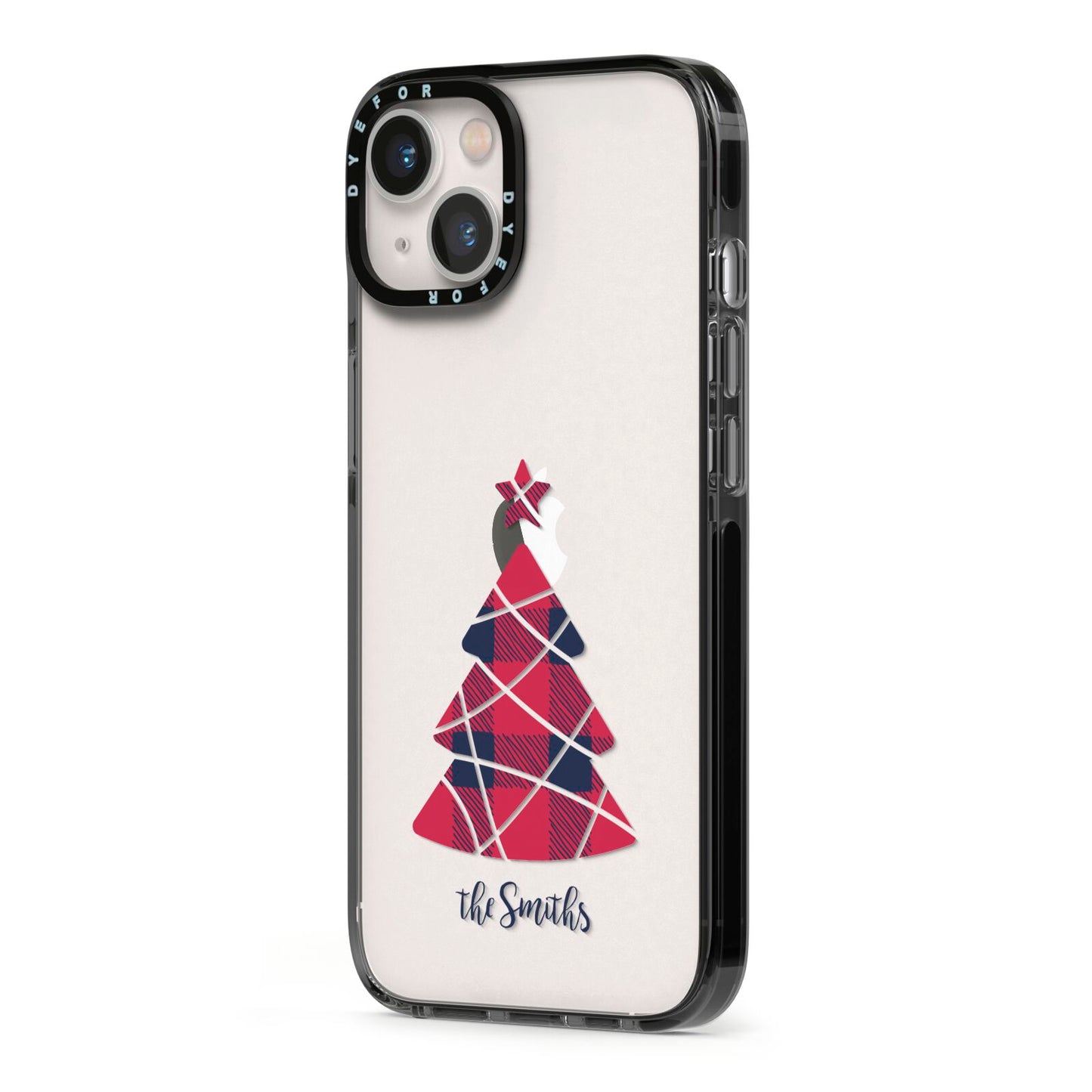 Tartan Christmas Tree Personalised iPhone 13 Black Impact Case Side Angle on Silver phone