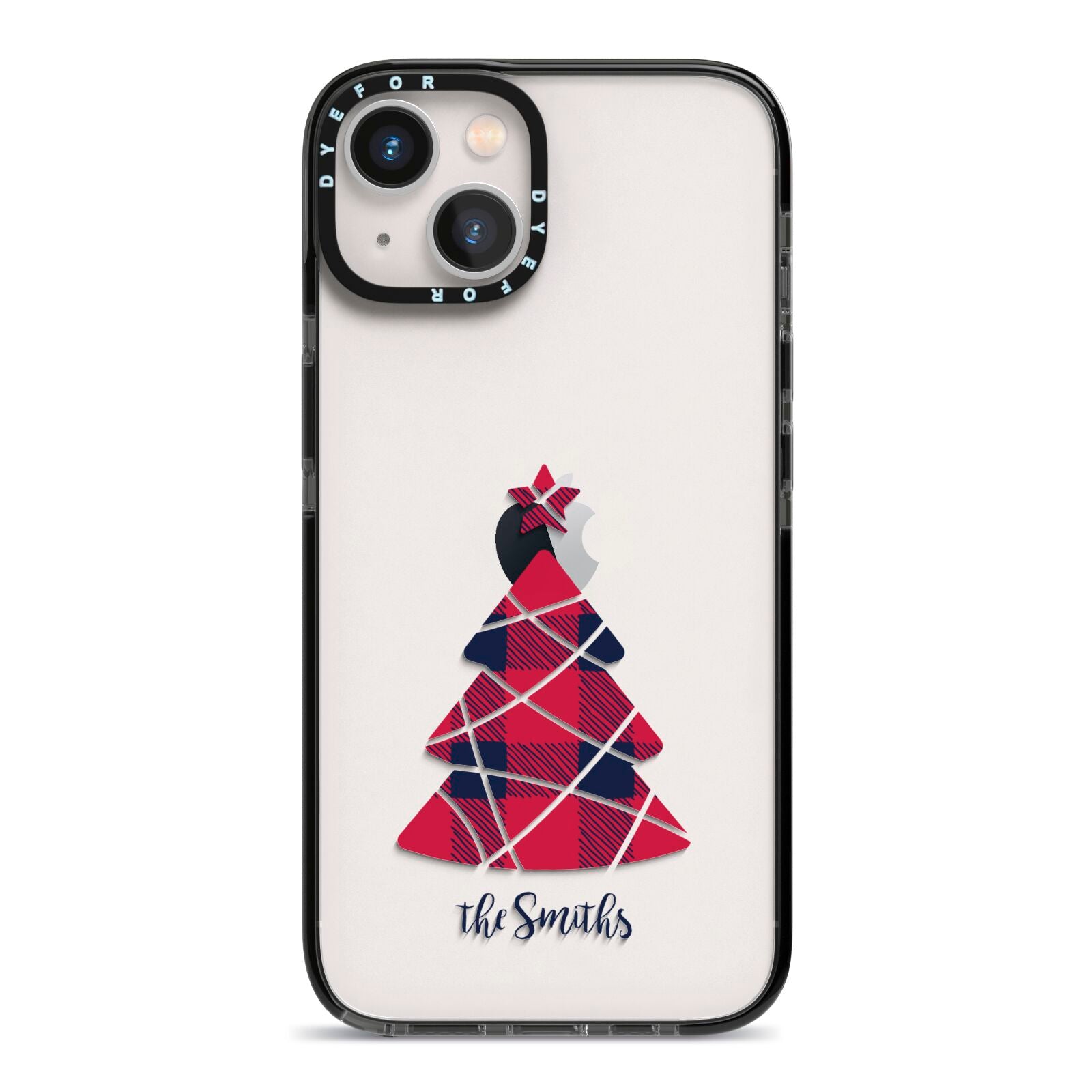 Tartan Christmas Tree Personalised iPhone 13 Black Impact Case on Silver phone