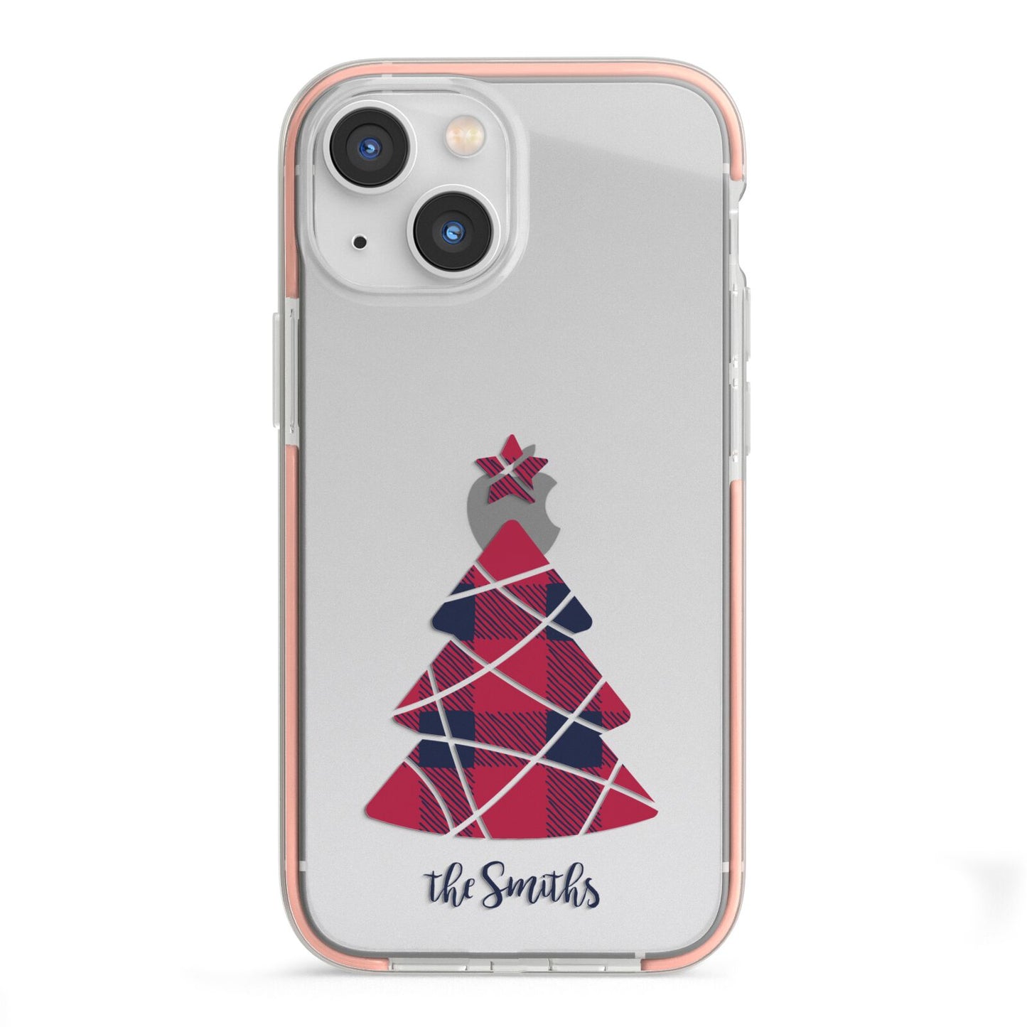 Tartan Christmas Tree Personalised iPhone 13 Mini TPU Impact Case with Pink Edges