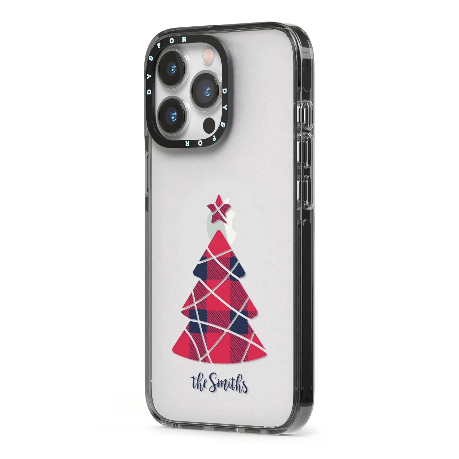 Tartan Christmas Tree Personalised iPhone 13 Pro Black Impact Case Side Angle on Silver phone
