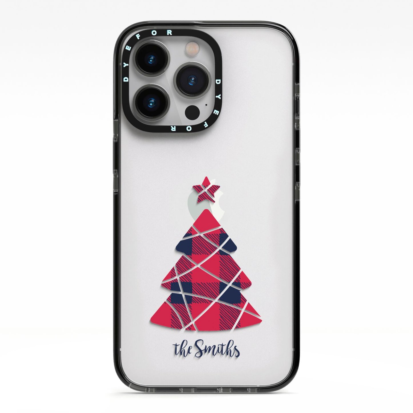 Tartan Christmas Tree Personalised iPhone 13 Pro Black Impact Case on Silver phone
