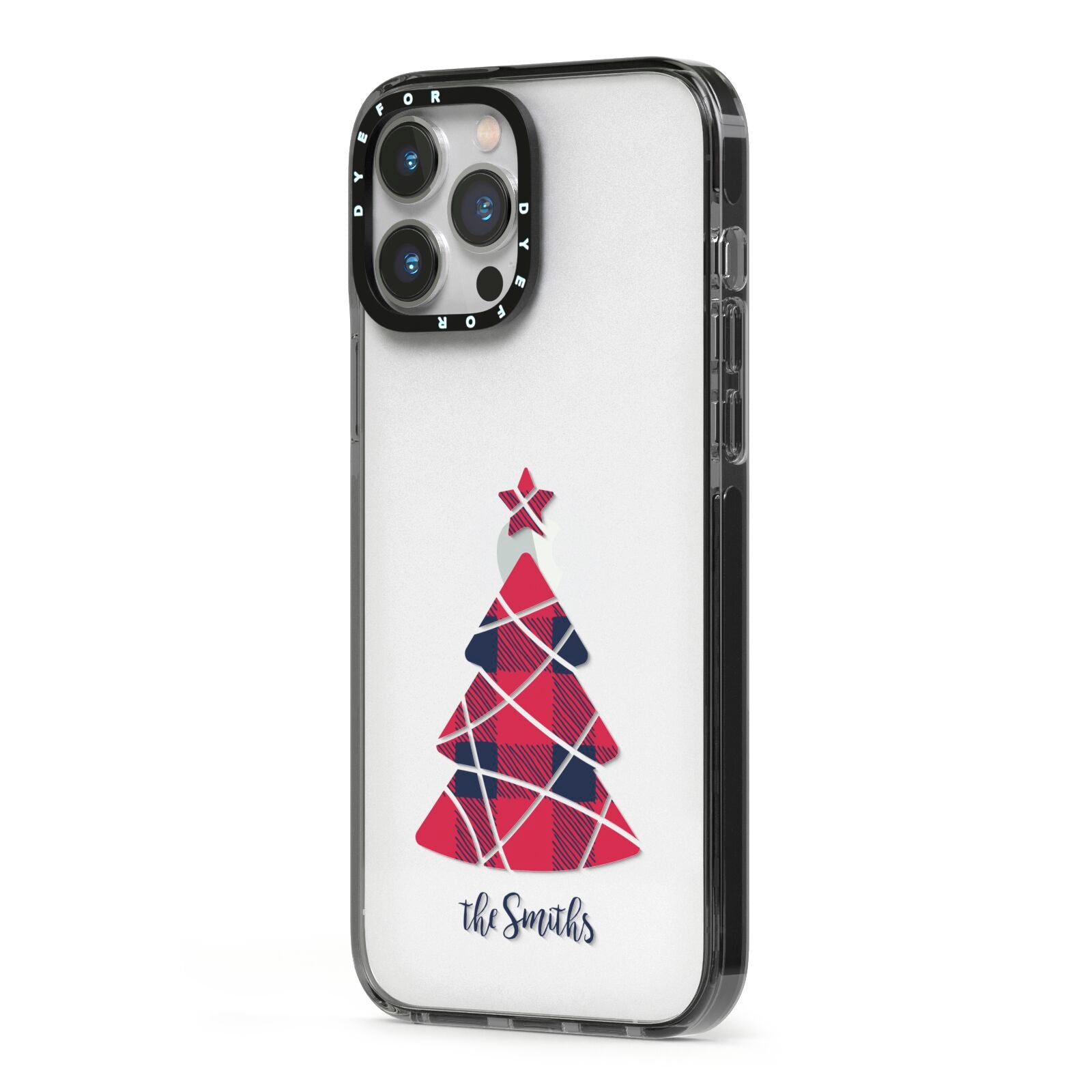 Tartan Christmas Tree Personalised iPhone 13 Pro Max Black Impact Case Side Angle on Silver phone