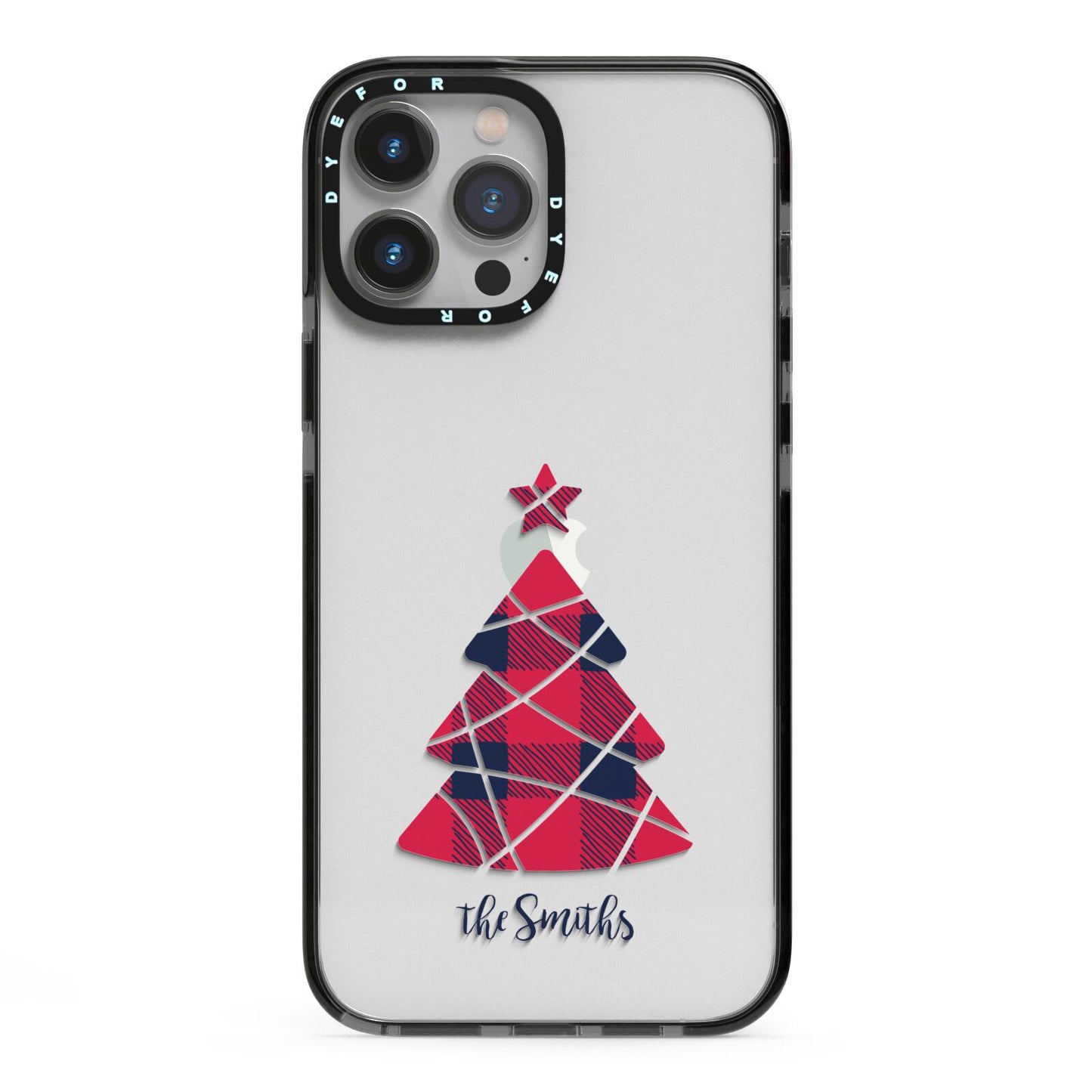 Tartan Christmas Tree Personalised iPhone 13 Pro Max Black Impact Case on Silver phone
