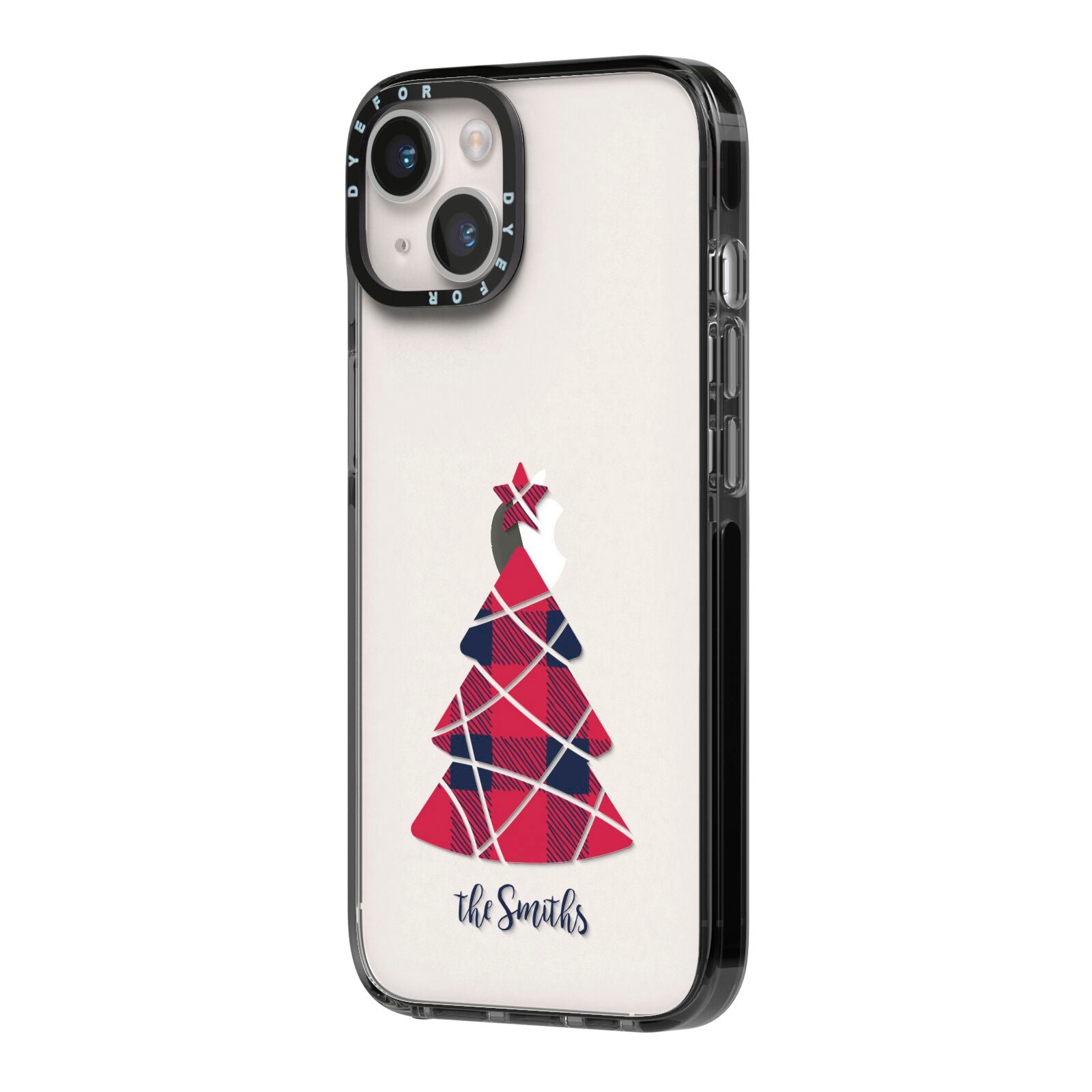 Tartan Christmas Tree Personalised iPhone 14 Black Impact Case Side Angle on Silver phone