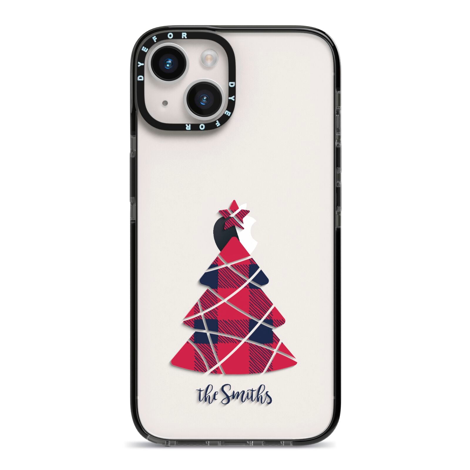 Tartan Christmas Tree Personalised iPhone 14 Black Impact Case on Silver phone