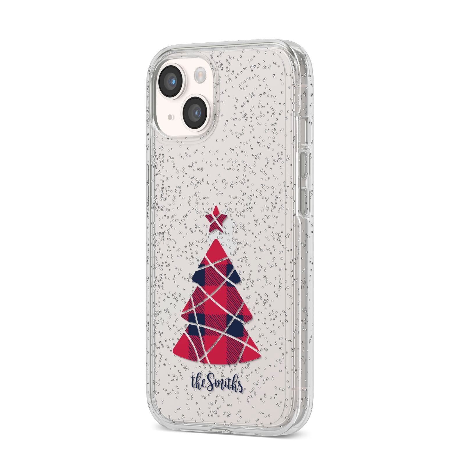 Tartan Christmas Tree Personalised iPhone 14 Glitter Tough Case Starlight Angled Image
