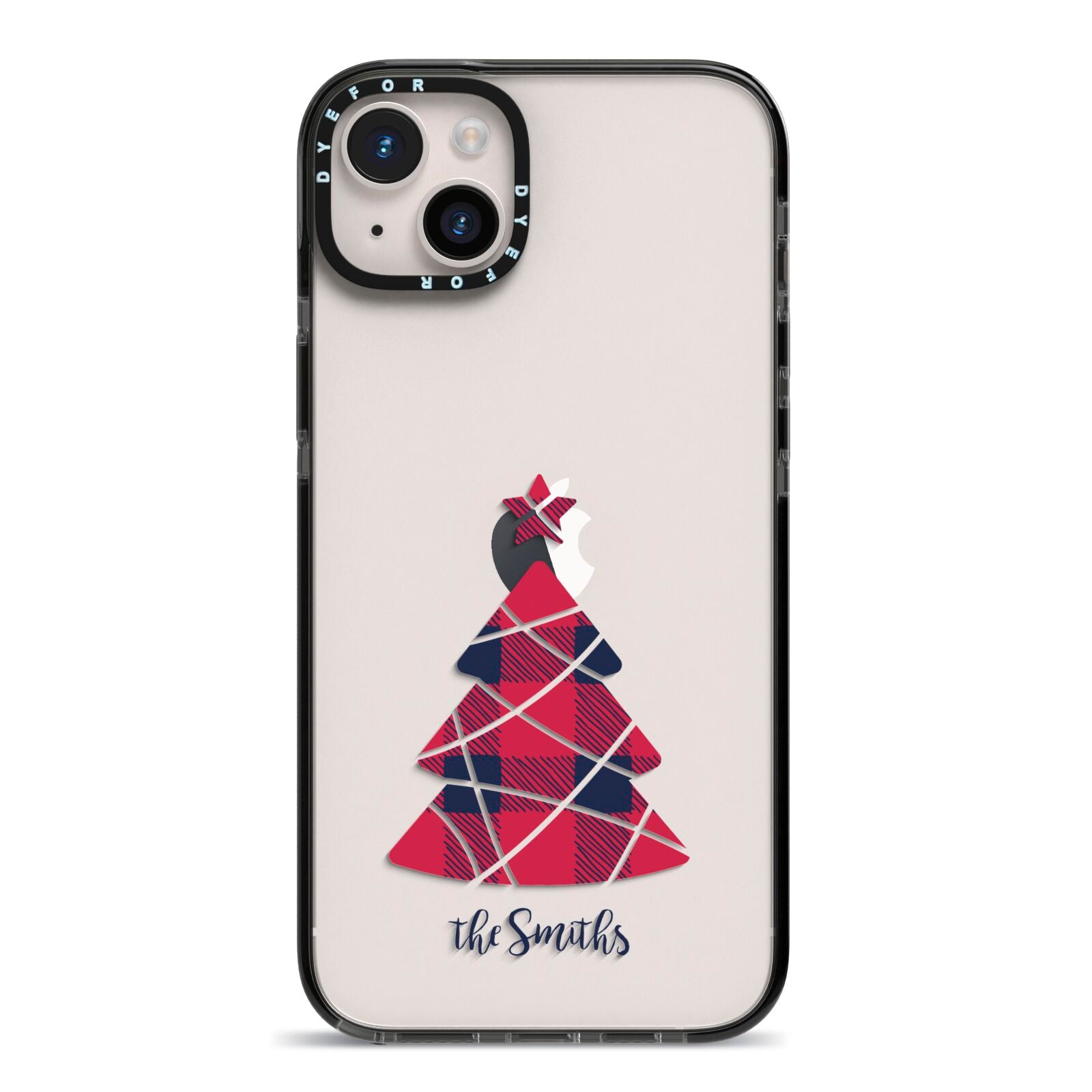 Tartan Christmas Tree Personalised iPhone 14 Plus Black Impact Case on Silver phone