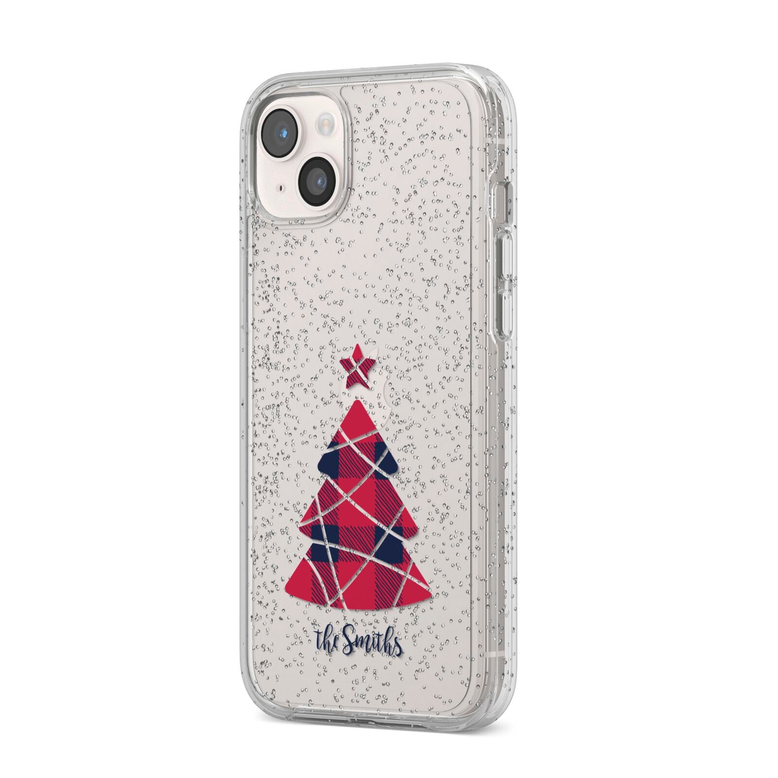 Tartan Christmas Tree Personalised iPhone 14 Plus Glitter Tough Case Starlight Angled Image