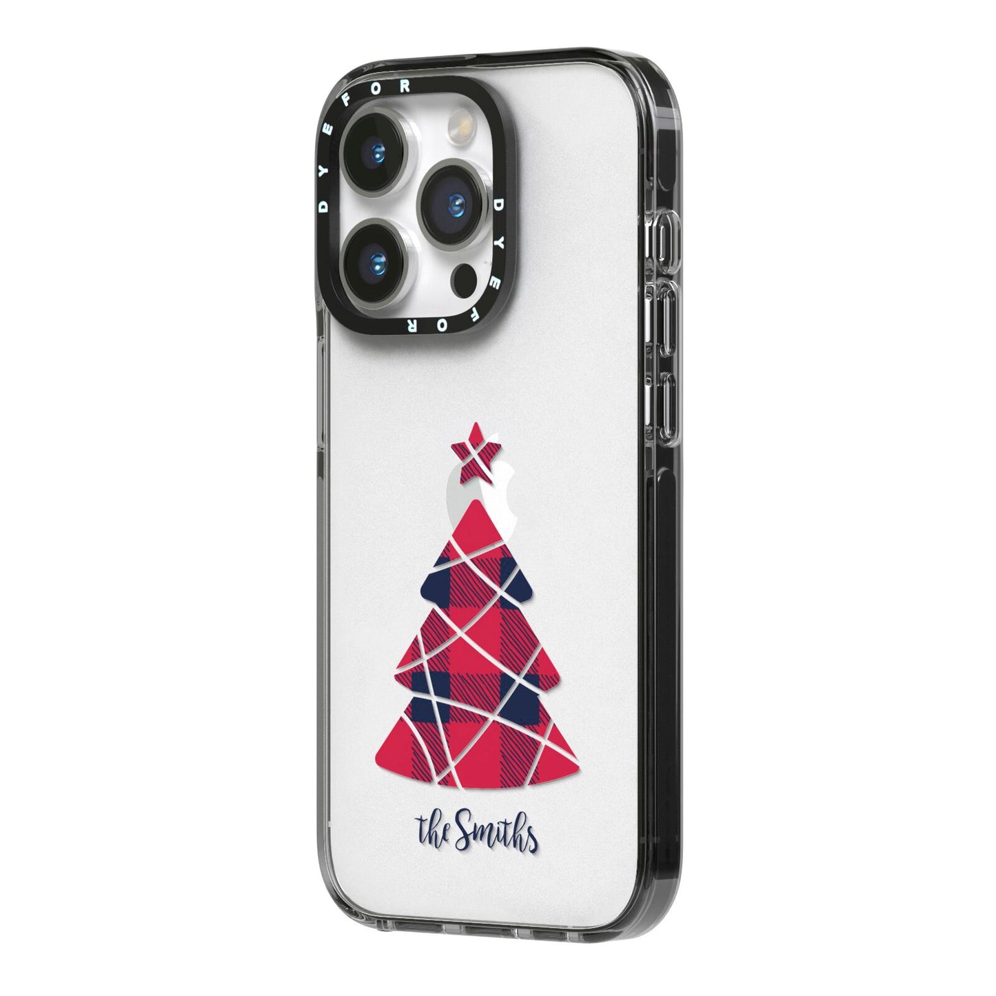 Tartan Christmas Tree Personalised iPhone 14 Pro Black Impact Case Side Angle on Silver phone