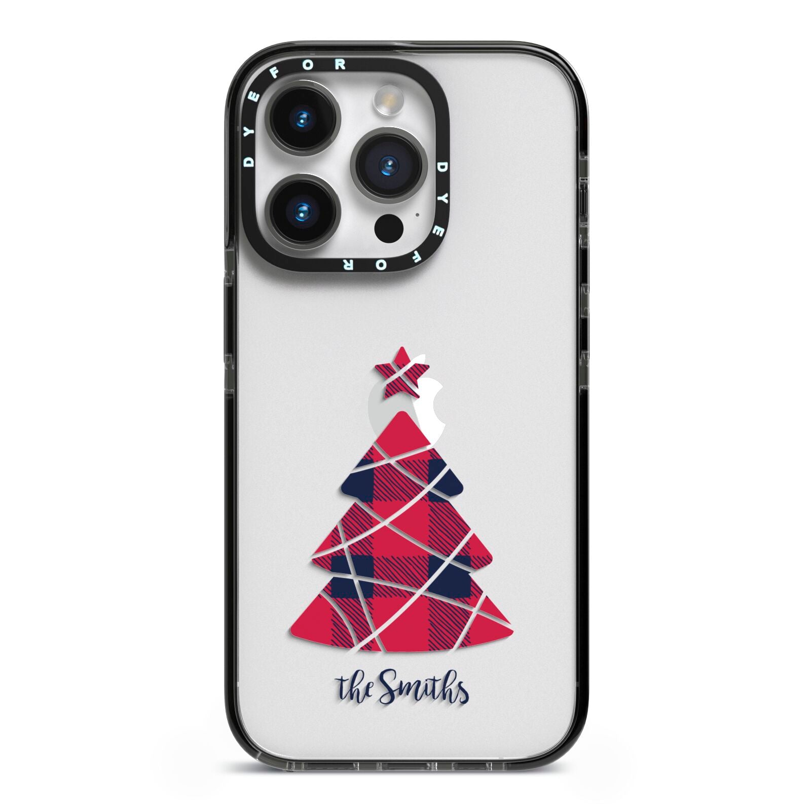 Tartan Christmas Tree Personalised iPhone 14 Pro Black Impact Case on Silver phone