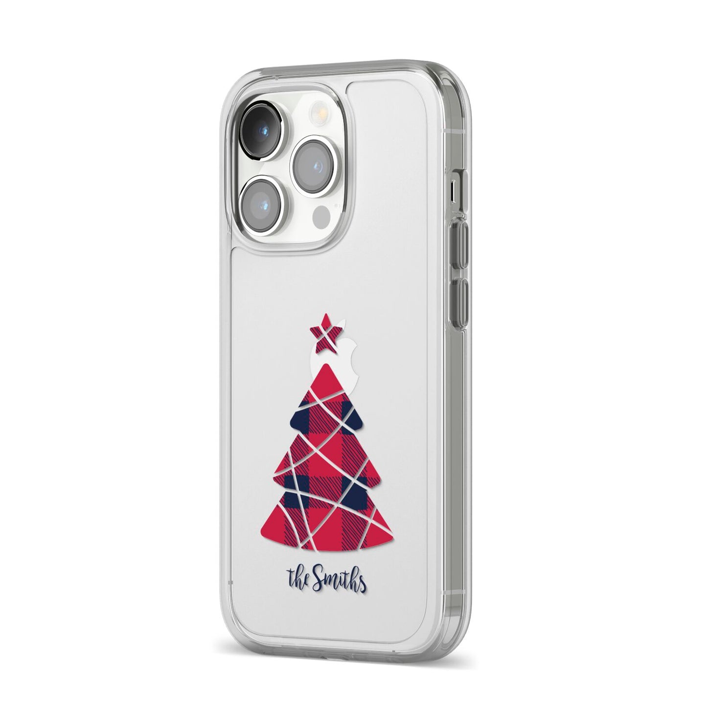 Tartan Christmas Tree Personalised iPhone 14 Pro Clear Tough Case Silver Angled Image