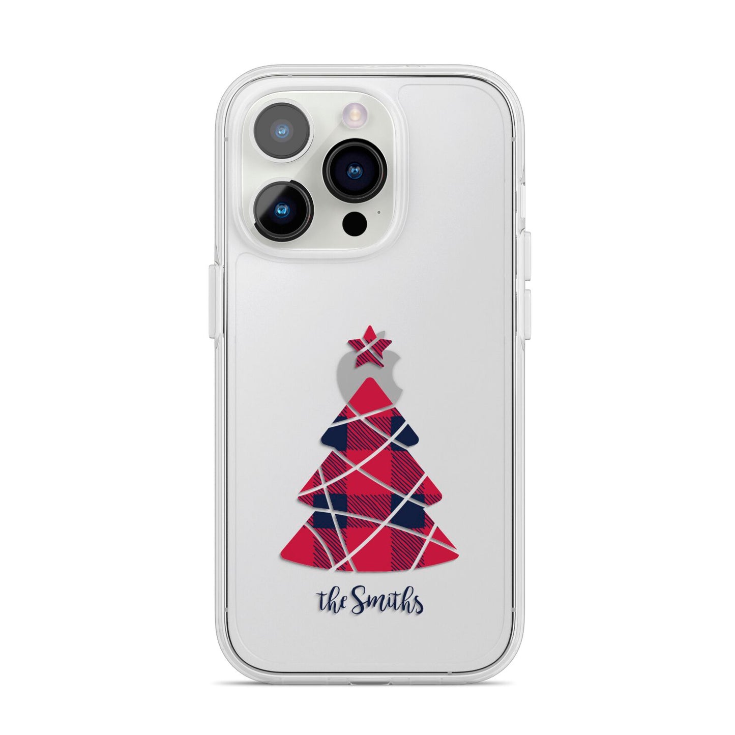 Tartan Christmas Tree Personalised iPhone 14 Pro Clear Tough Case Silver