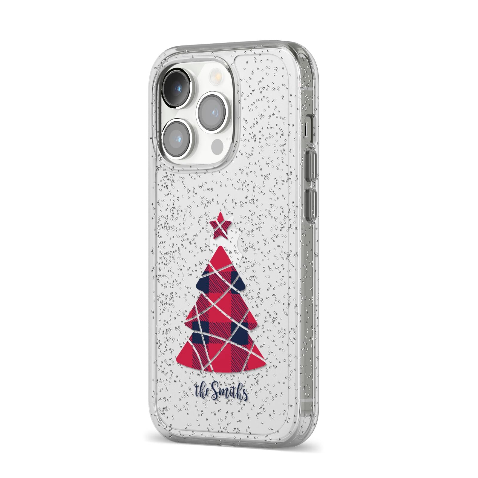 Tartan Christmas Tree Personalised iPhone 14 Pro Glitter Tough Case Silver Angled Image