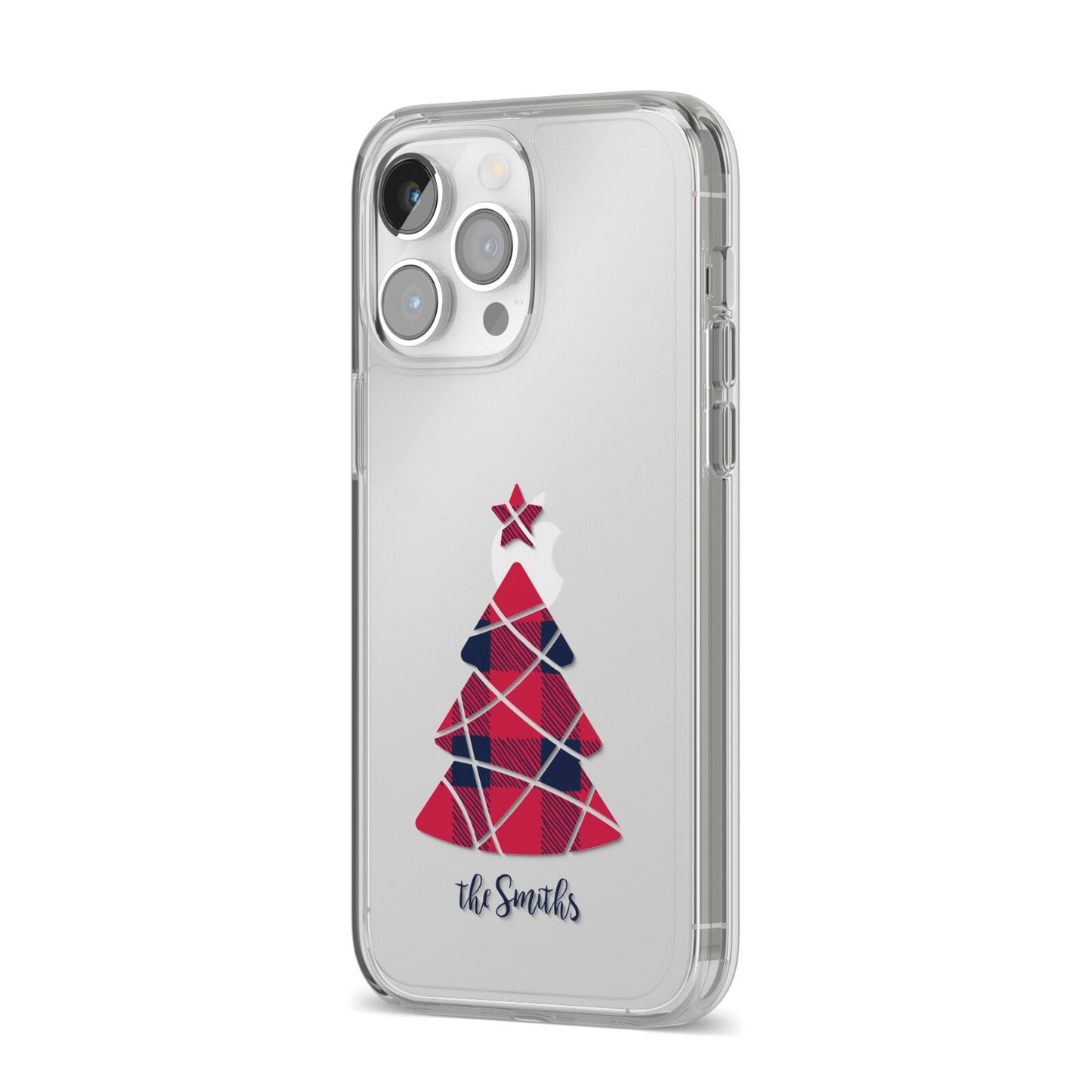Tartan Christmas Tree Personalised iPhone 14 Pro Max Clear Tough Case Silver Angled Image