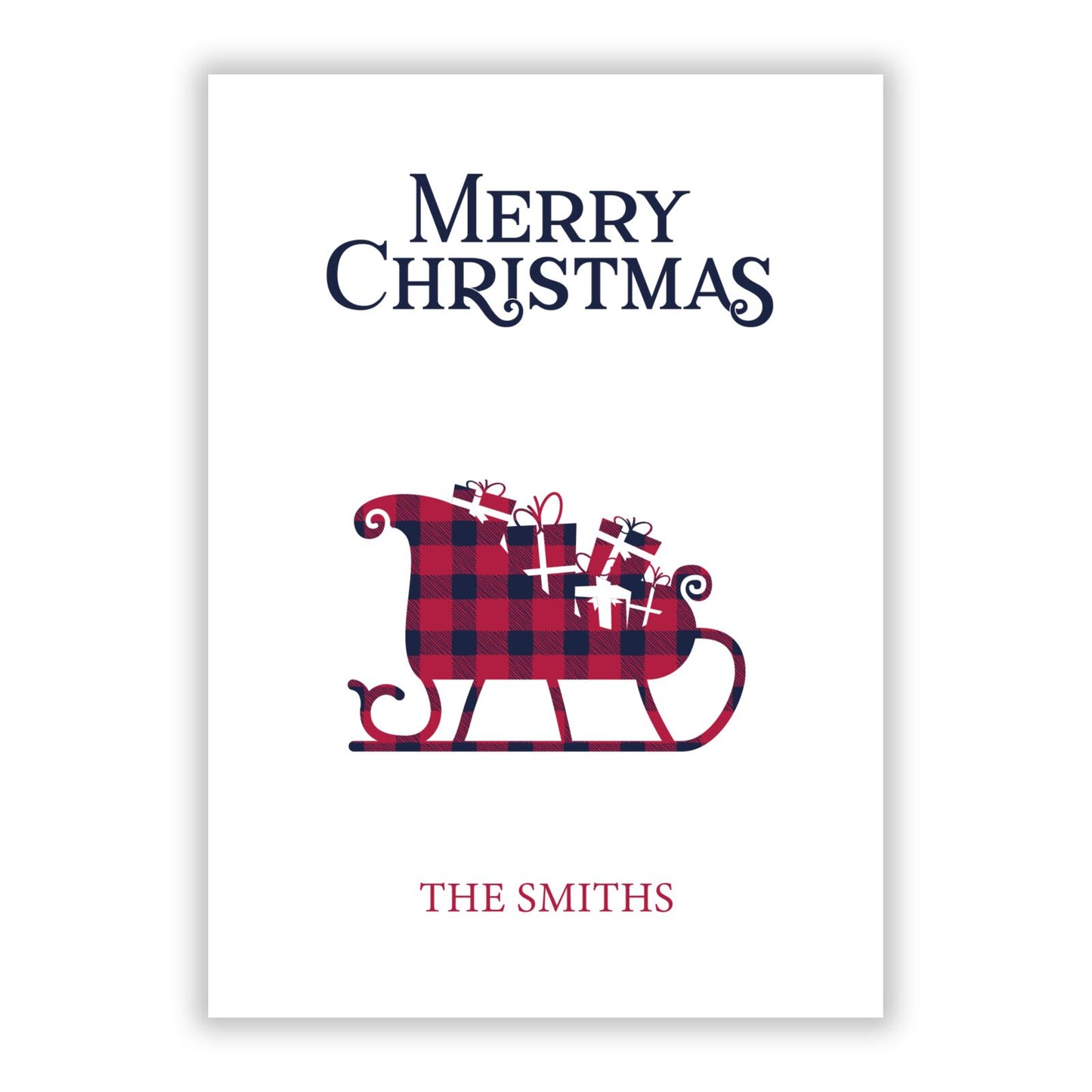 Tartan Santa Sleigh Personalised Surname A5 Flat Greetings Card