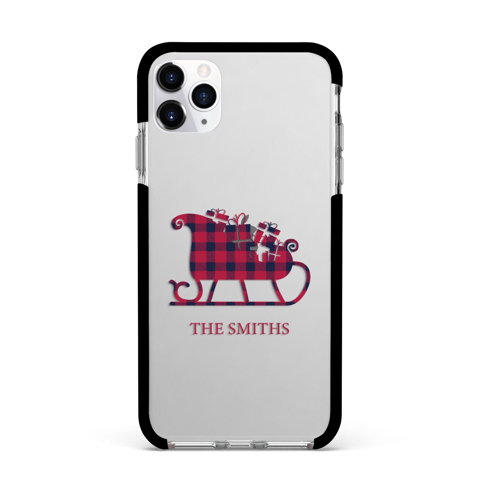 Tartan Santa Sleigh Personalised Surname Apple iPhone 11 Pro Max in Silver with Black Impact Case