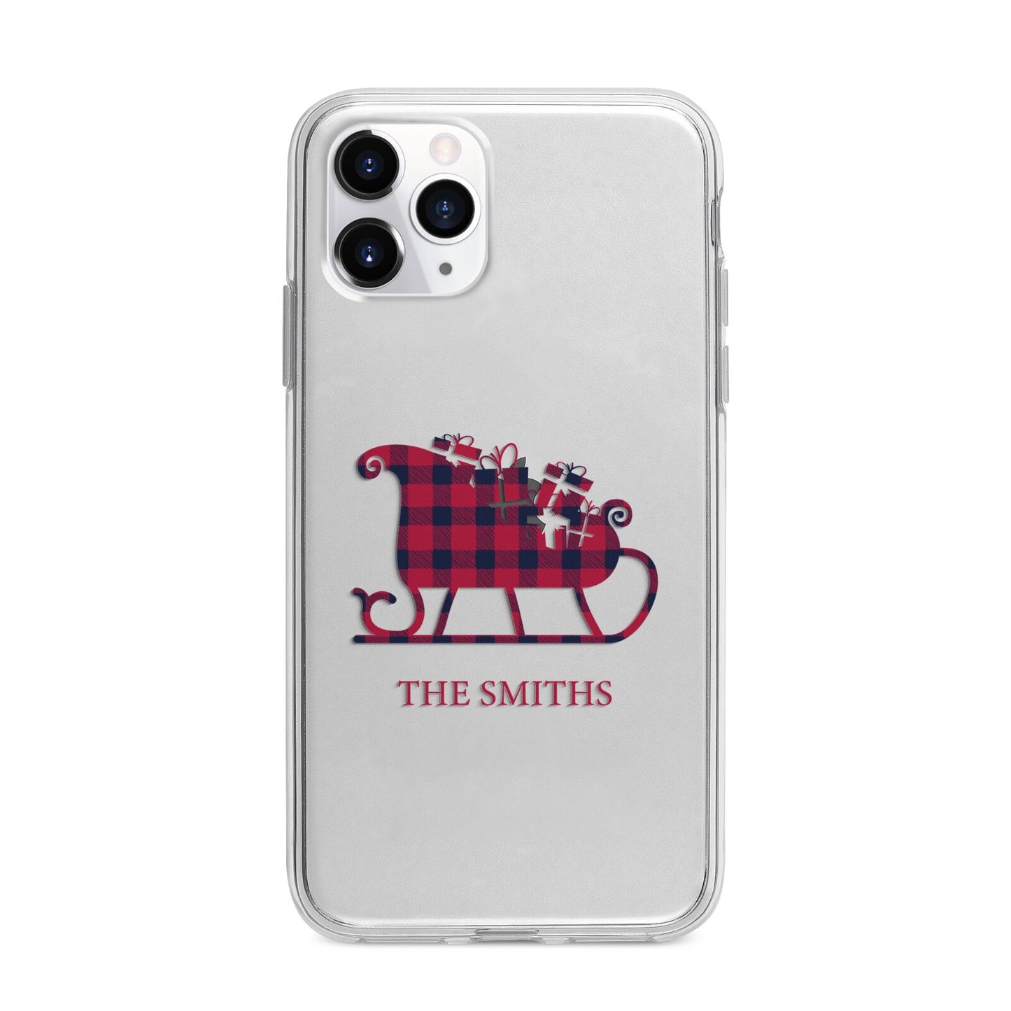 Tartan Santa Sleigh Personalised Surname Apple iPhone 11 Pro Max in Silver with Bumper Case