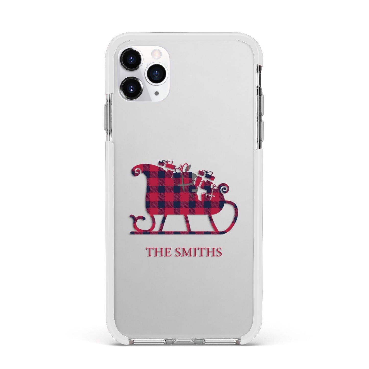 Tartan Santa Sleigh Personalised Surname Apple iPhone 11 Pro Max in Silver with White Impact Case