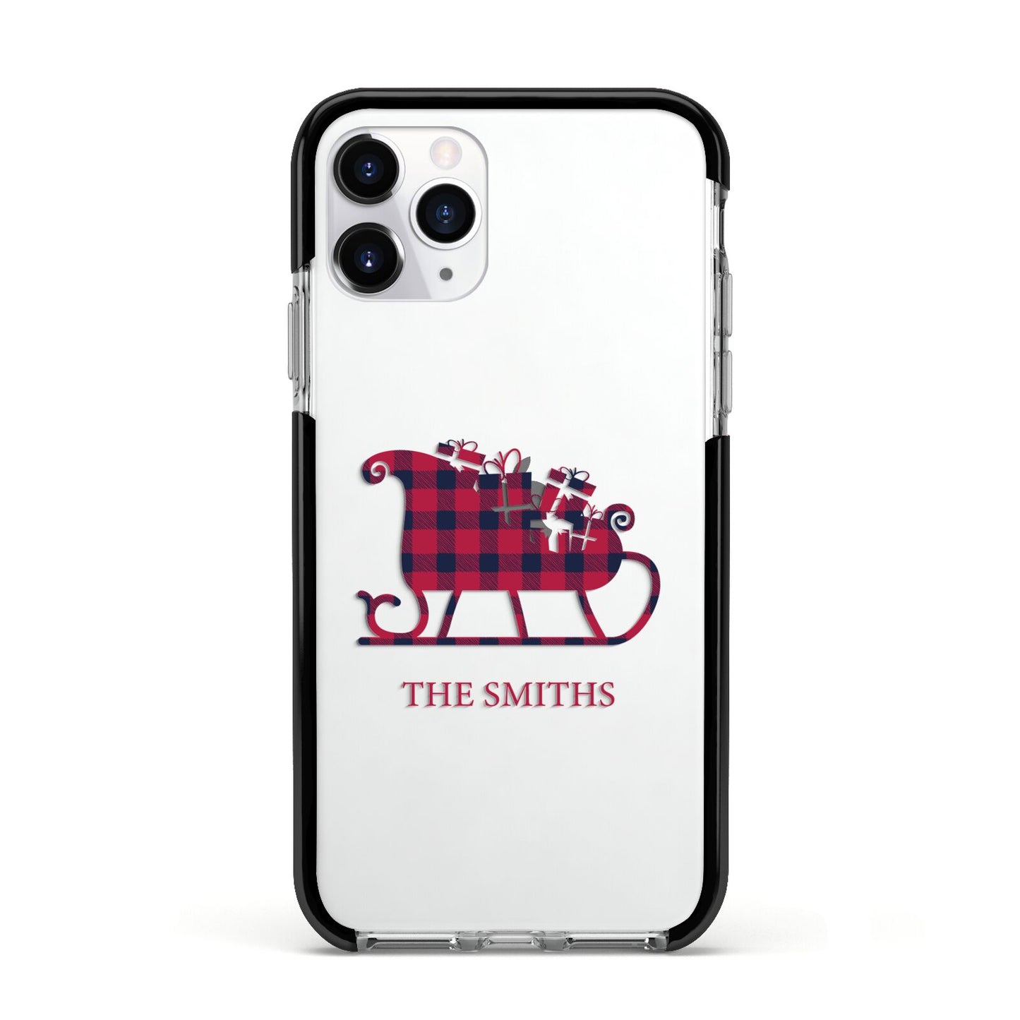 Tartan Santa Sleigh Personalised Surname Apple iPhone 11 Pro in Silver with Black Impact Case