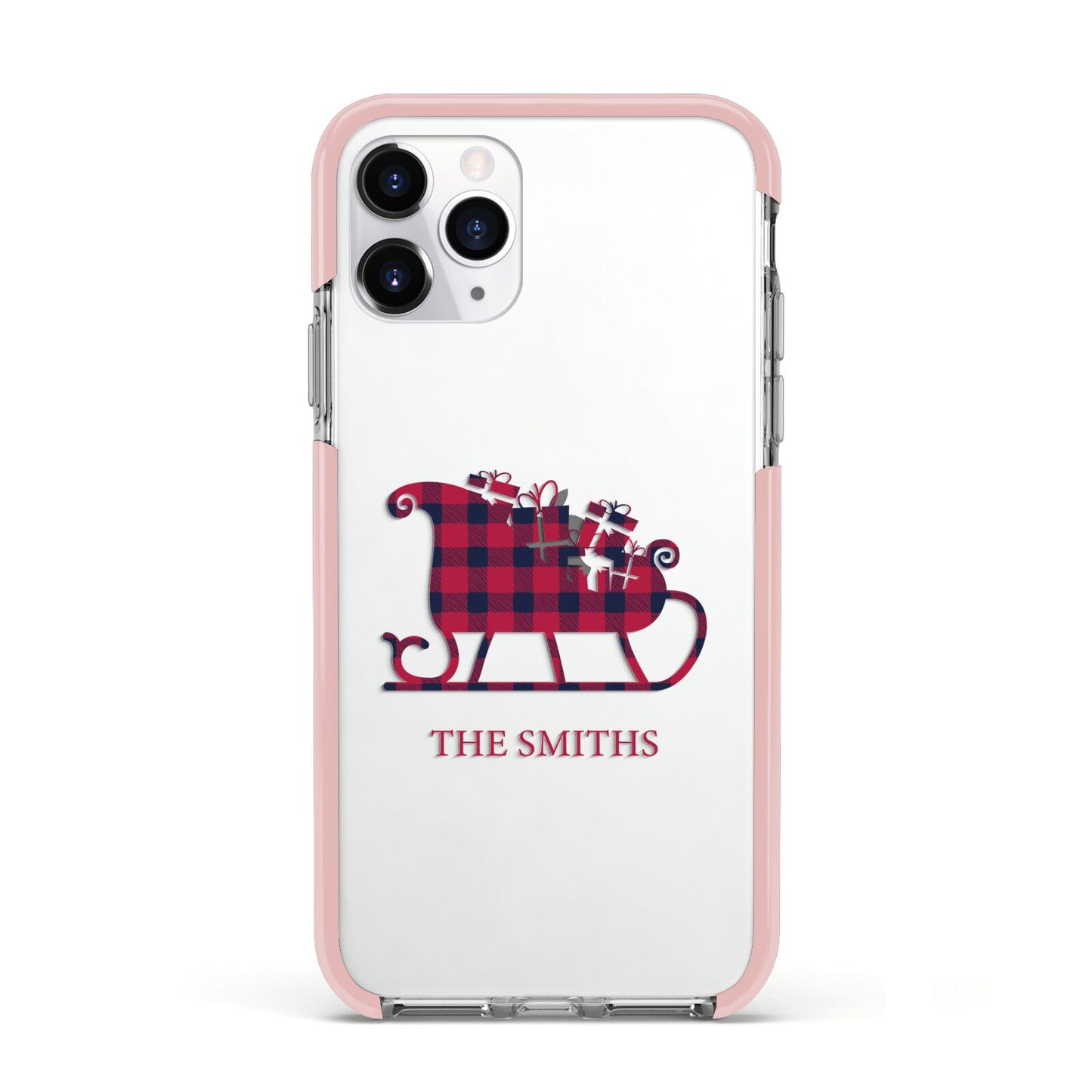 Tartan Santa Sleigh Personalised Surname Apple iPhone 11 Pro in Silver with Pink Impact Case