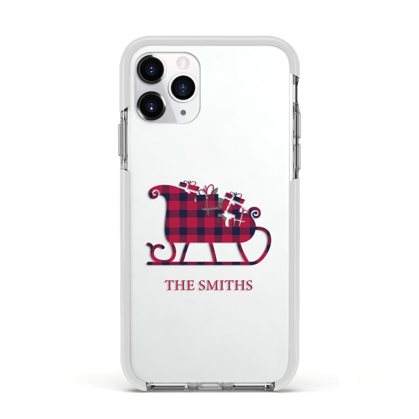 Tartan Santa Sleigh Personalised Surname Apple iPhone 11 Pro in Silver with White Impact Case