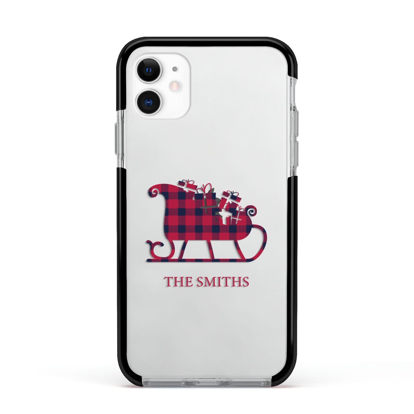 Tartan Santa Sleigh Personalised Surname Apple iPhone 11 in White with Black Impact Case