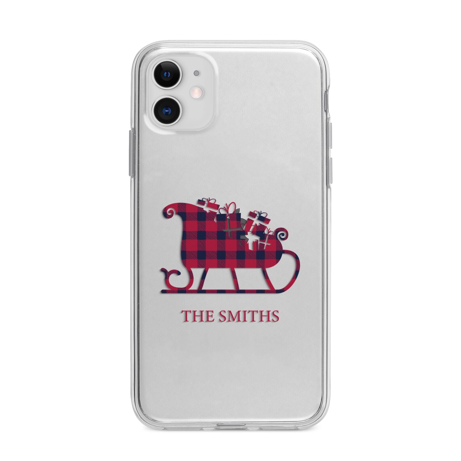 Tartan Santa Sleigh Personalised Surname Apple iPhone 11 in White with Bumper Case