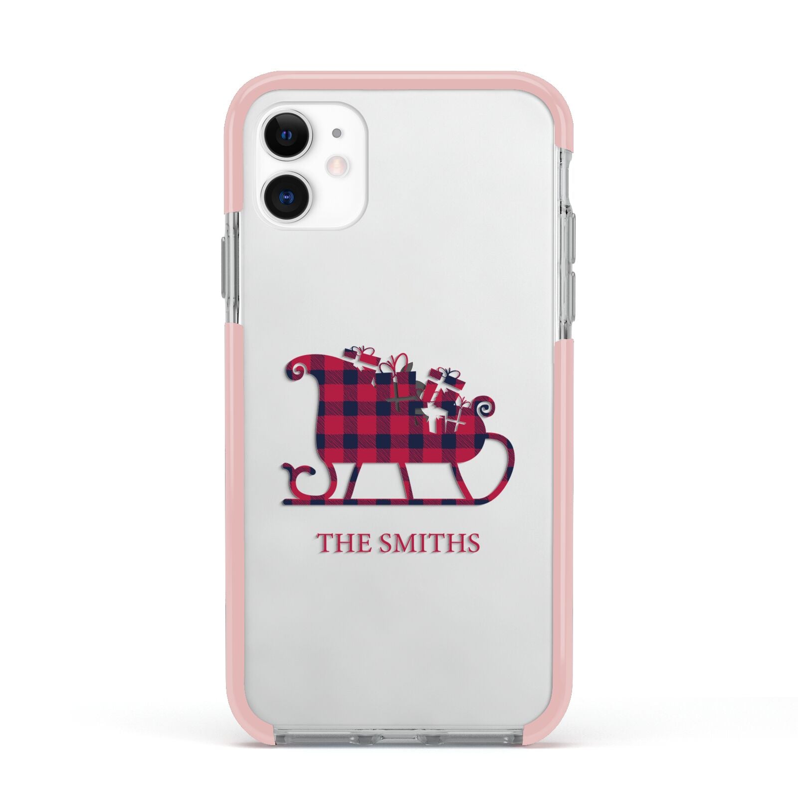 Tartan Santa Sleigh Personalised Surname Apple iPhone 11 in White with Pink Impact Case