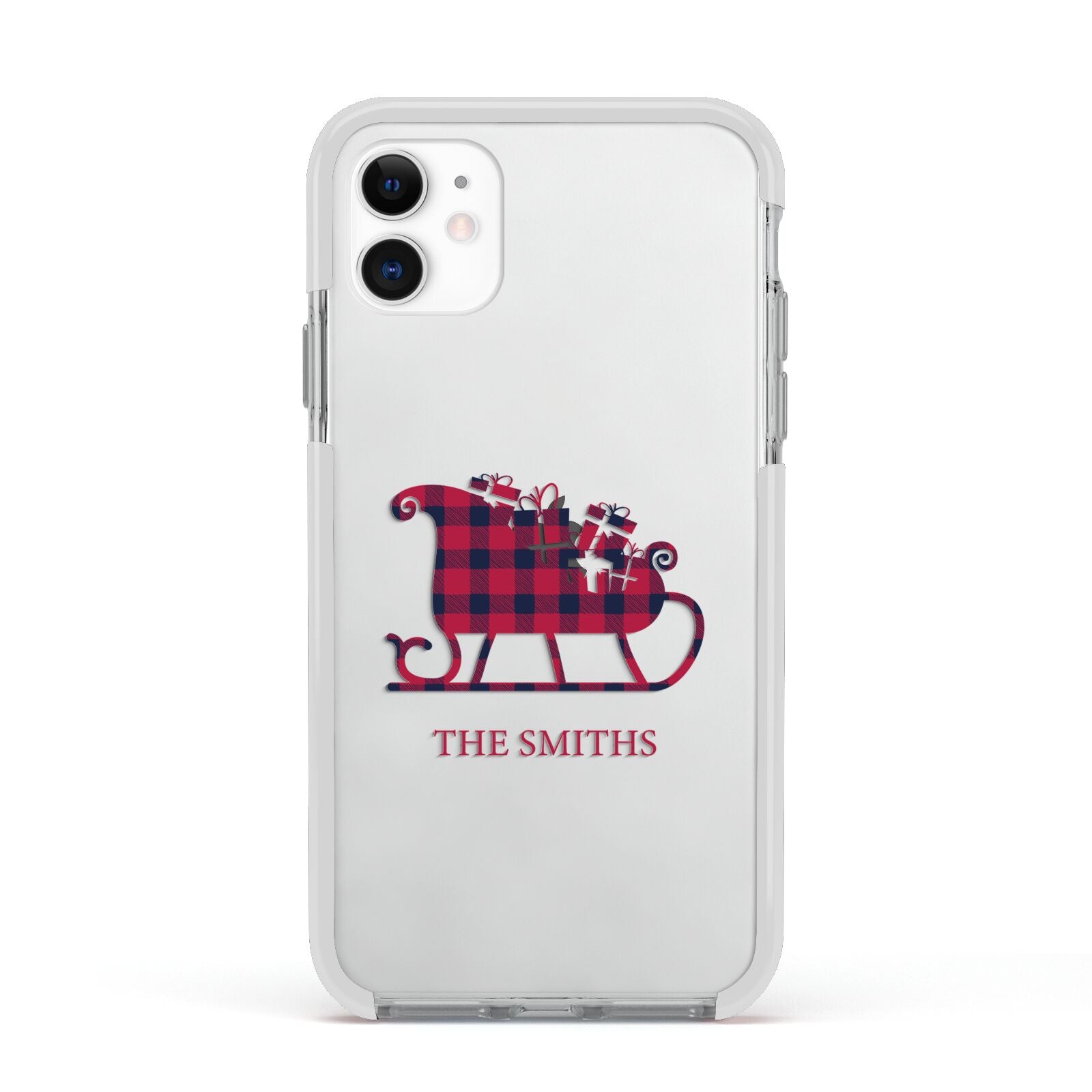 Tartan Santa Sleigh Personalised Surname Apple iPhone 11 in White with White Impact Case