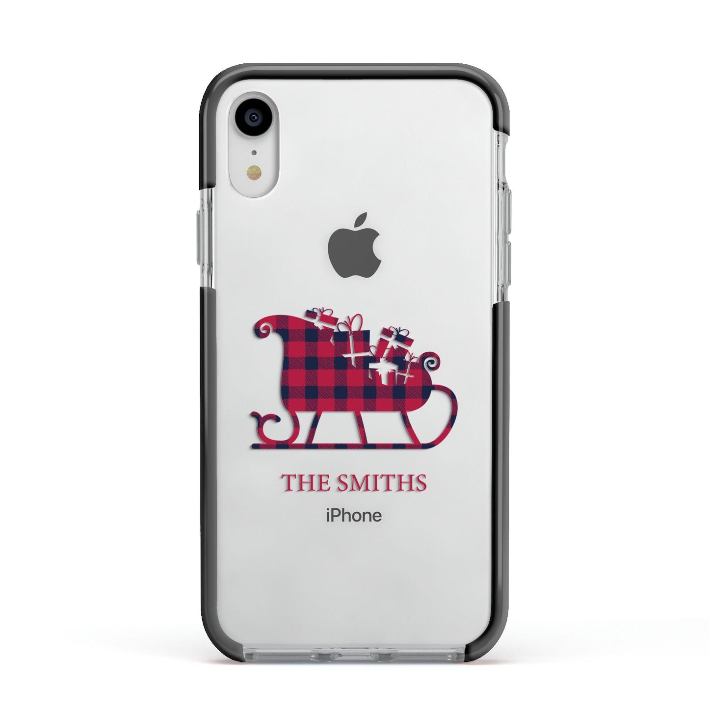 Tartan Santa Sleigh Personalised Surname Apple iPhone XR Impact Case Black Edge on Silver Phone