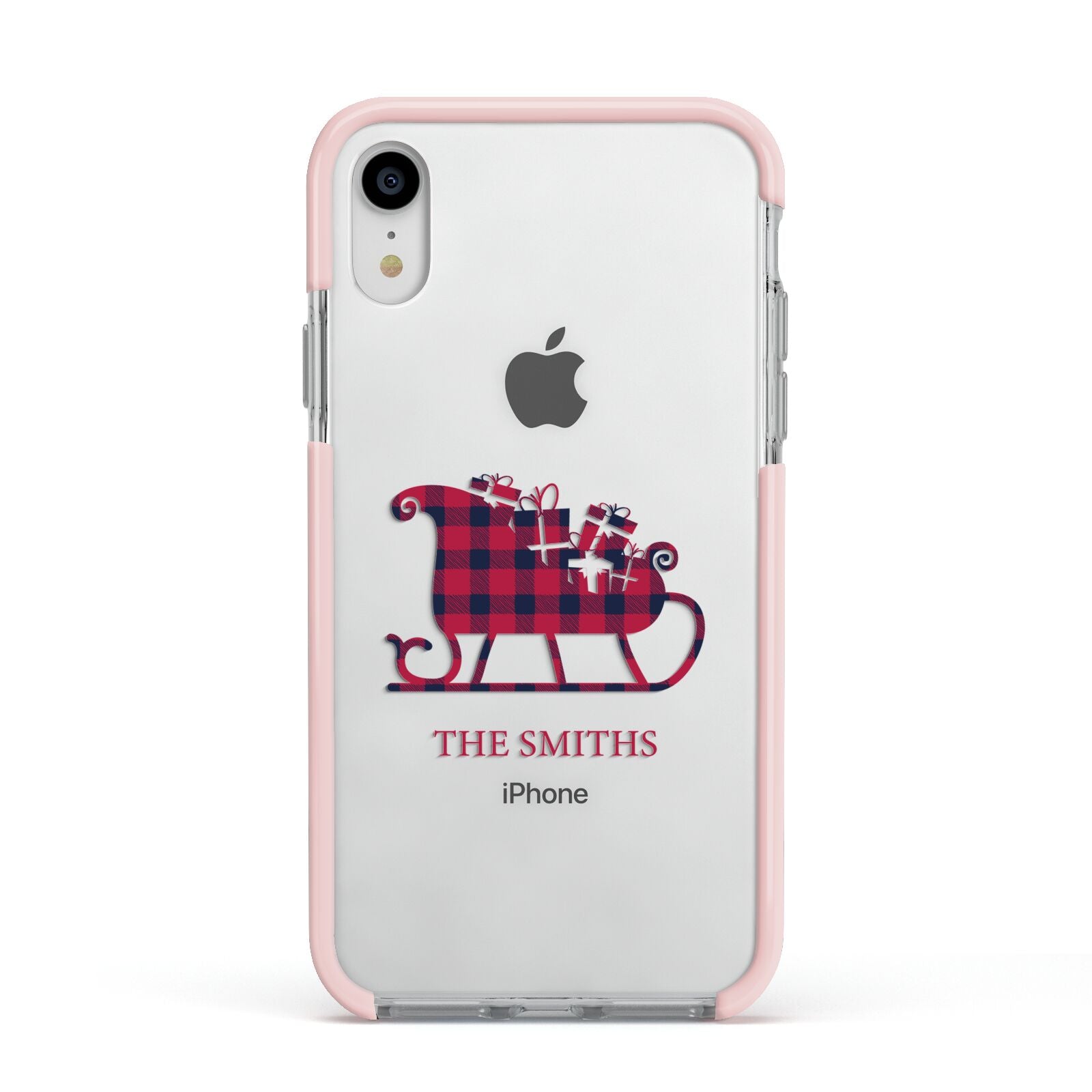 Tartan Santa Sleigh Personalised Surname Apple iPhone XR Impact Case Pink Edge on Silver Phone