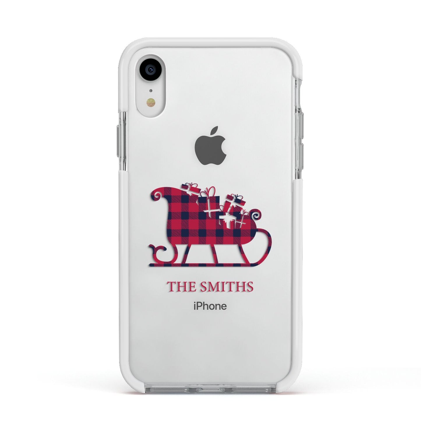 Tartan Santa Sleigh Personalised Surname Apple iPhone XR Impact Case White Edge on Silver Phone