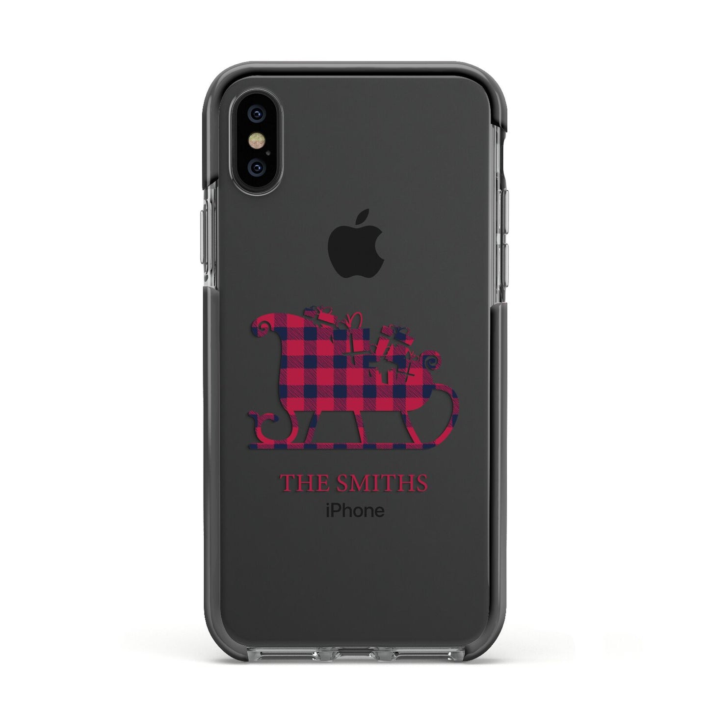 Tartan Santa Sleigh Personalised Surname Apple iPhone Xs Impact Case Black Edge on Black Phone