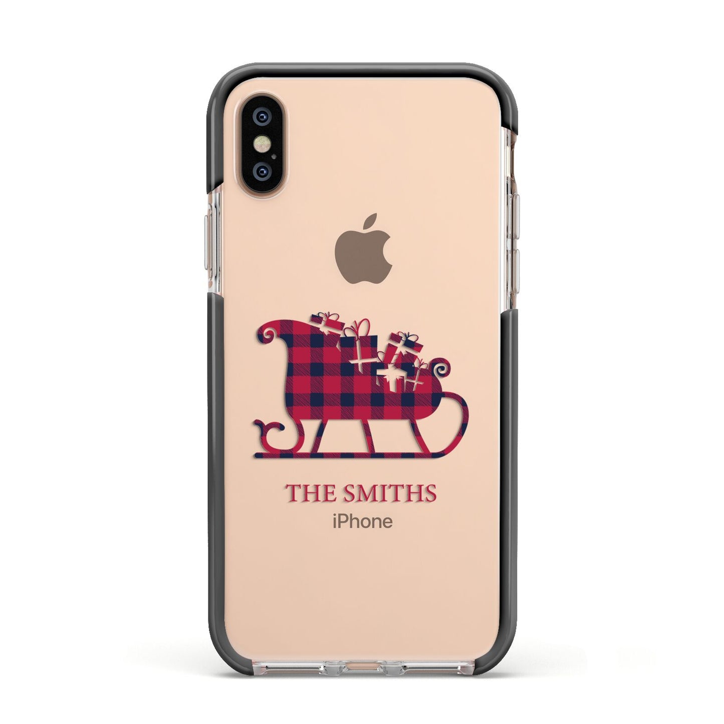 Tartan Santa Sleigh Personalised Surname Apple iPhone Xs Impact Case Black Edge on Gold Phone