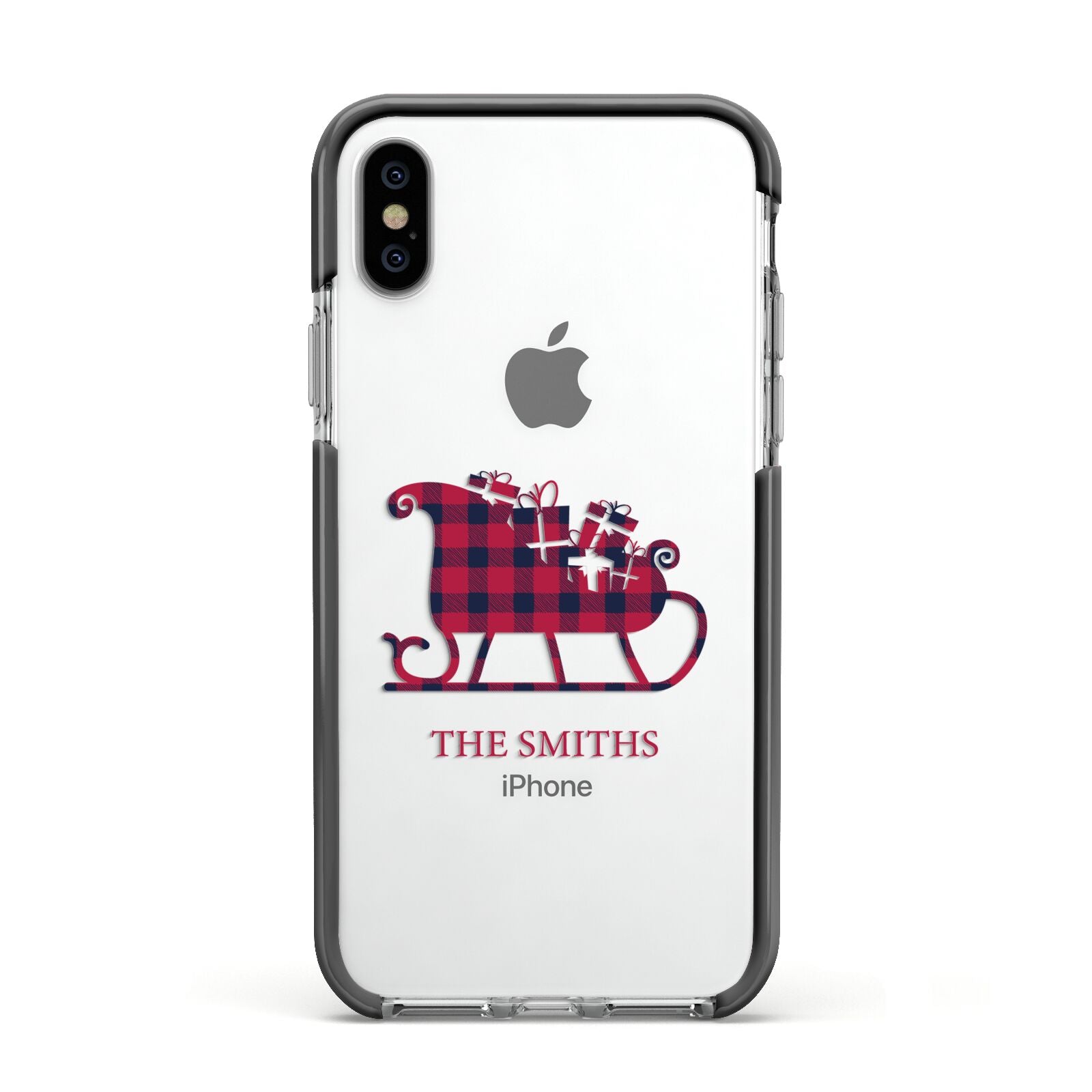 Tartan Santa Sleigh Personalised Surname Apple iPhone Xs Impact Case Black Edge on Silver Phone